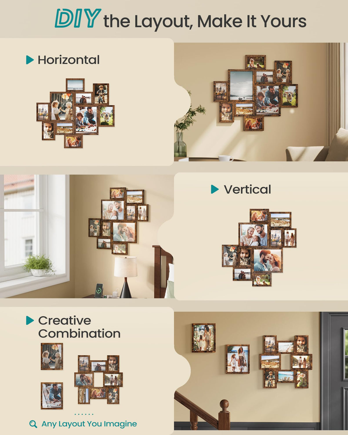 SONGMICS Picture Frames, Collage Photo Frames Set of 10, Two 8x10, Four 5x7, Four 4x6, Wall Gallery or Table Display, Tool-Free Assembly, Rustic Brown URPF100MZ01