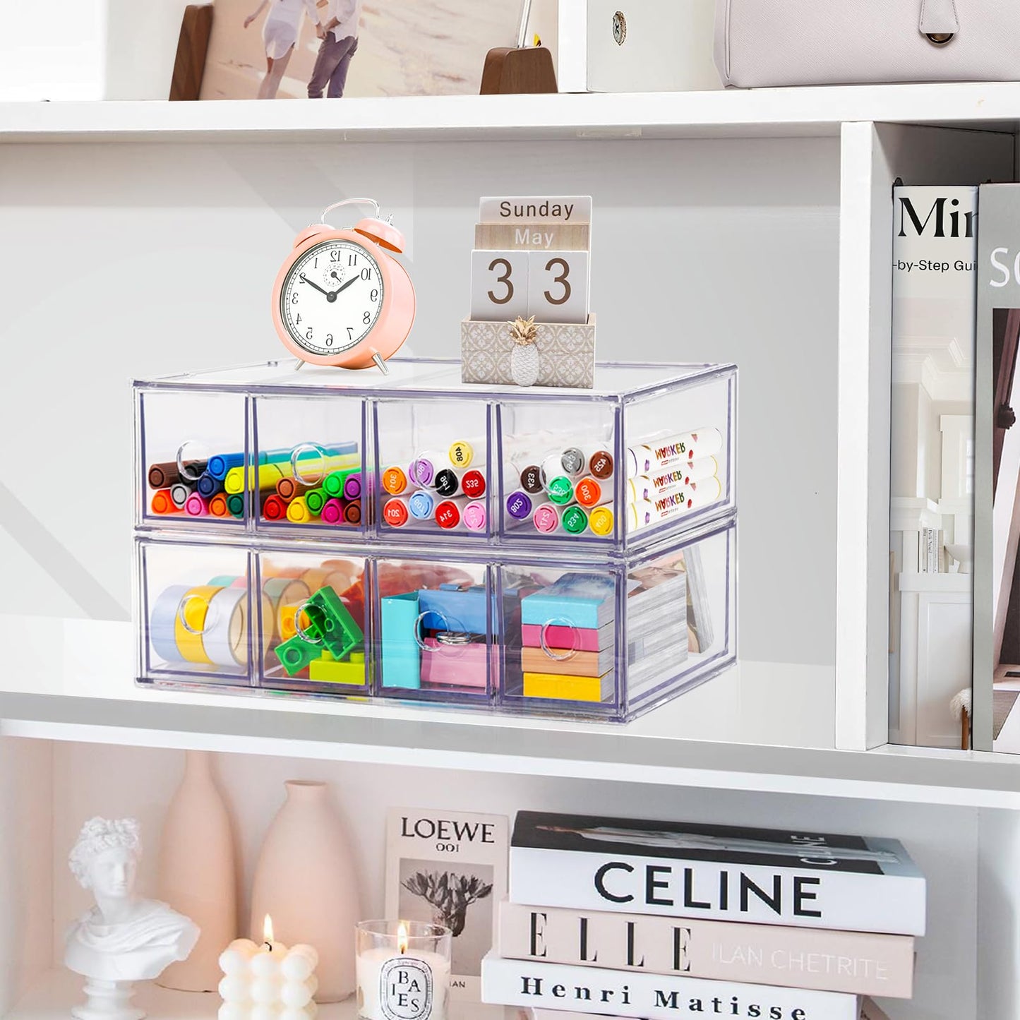 Desk Organizer with 8 Drawers, FODIENS 2 Packs Stackable Desktop Storage Box with Removable Drawer, Clear Sunglasses Organizer Display Case for Stationery Marker Pens Eyeglasses Office Supply