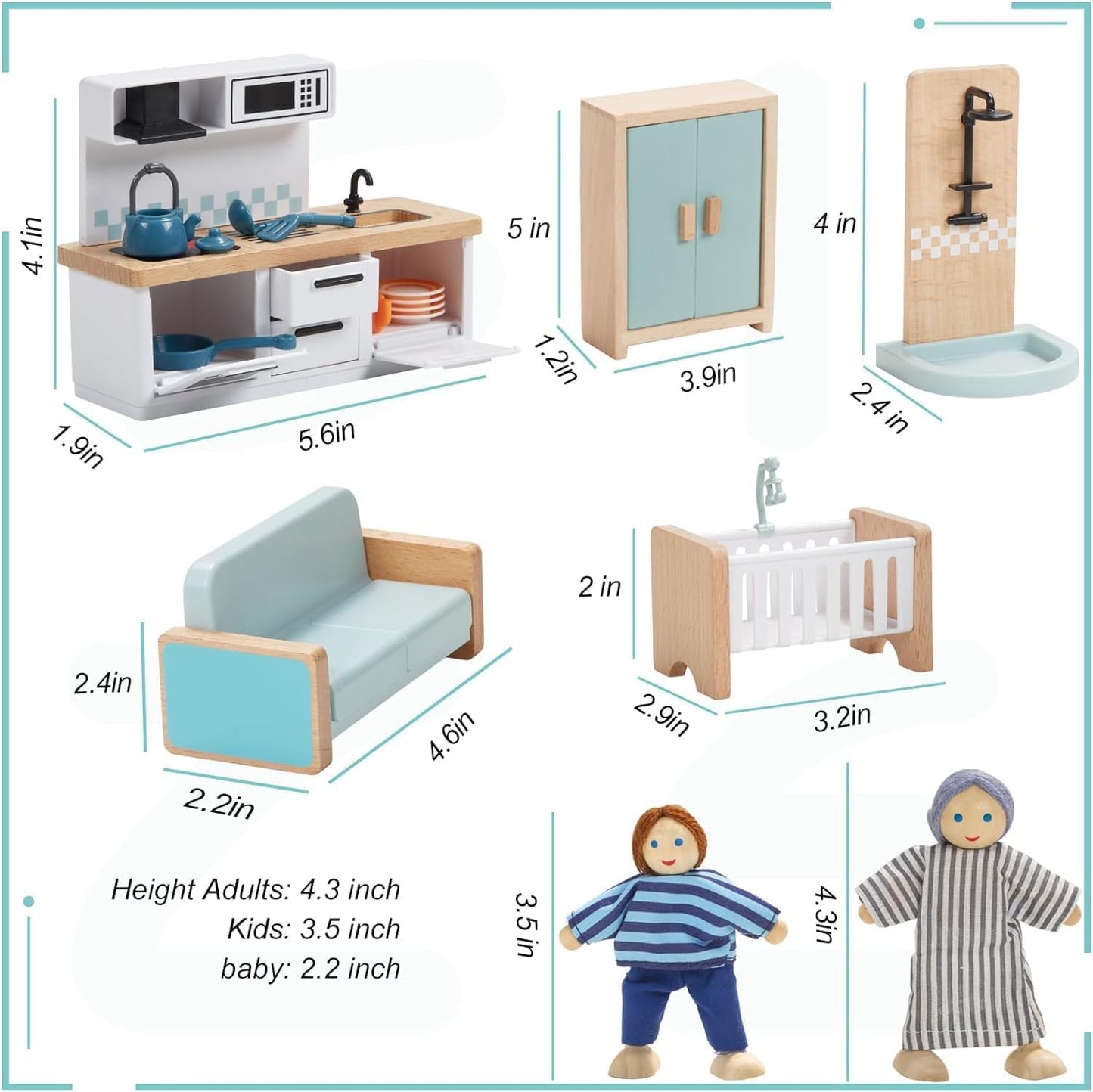 Giant bean 36pcs Wooden Plastic Dollhouse Furniture 5 Set with 4 Family Dolls, Blue Dollhouse Accessories Pretend Play Furniture Toys for Boys Girls & Toddlers 3Y+, Christmas Birthday Gift for Kids