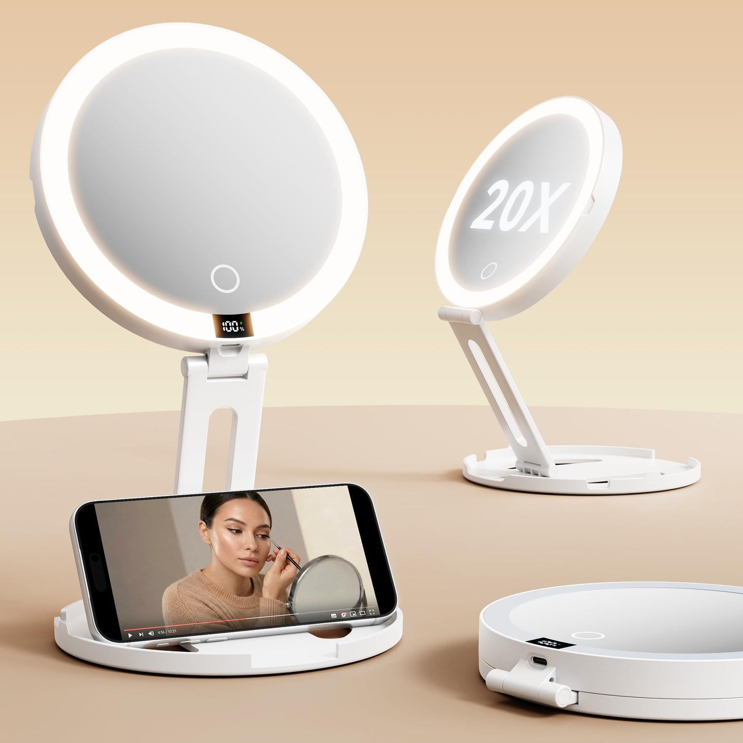 Travel Makeup Mirror with Lights (Gen 3) - 20X/1X Dual Sided Magnifying Mirror with Digital Power Display - Rechargeable, 3 Color Dimmable, CRI 95+ - Portable Folding Design