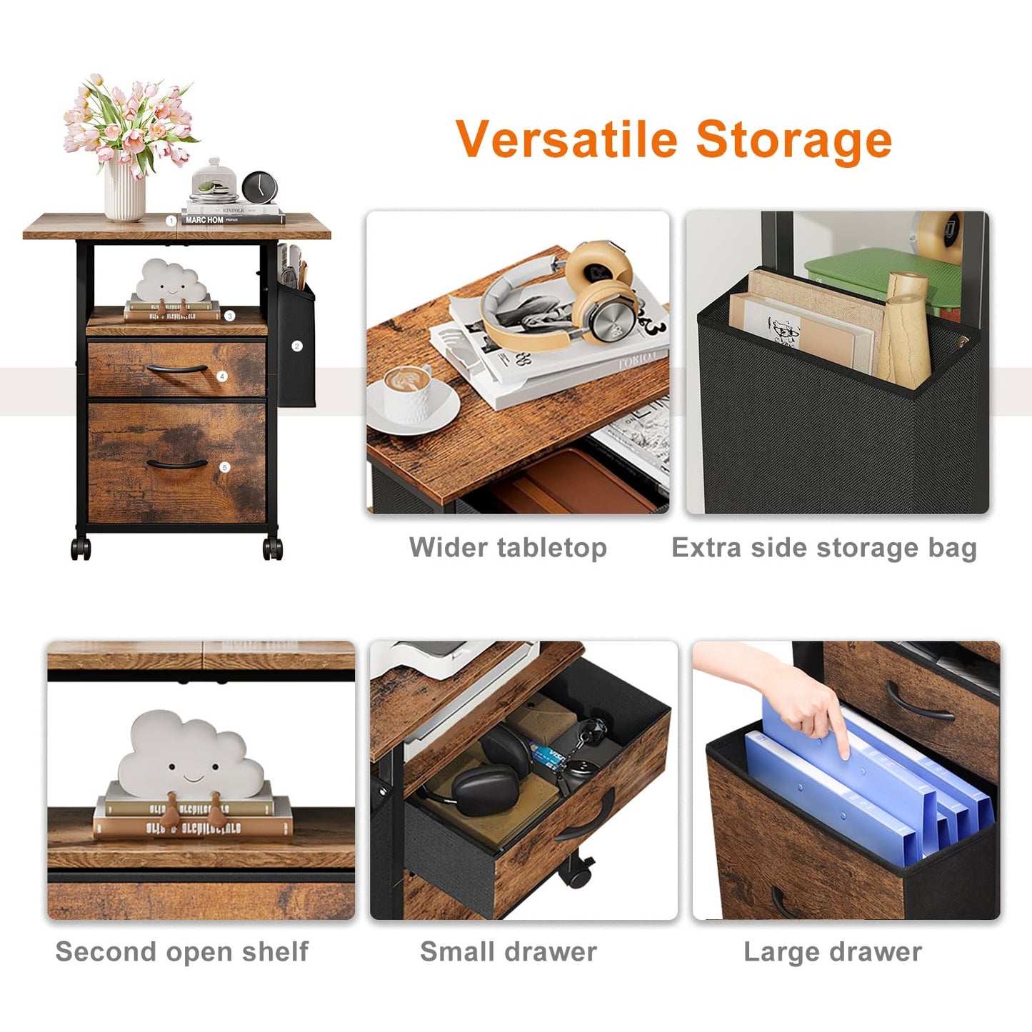 CAVSOIR File Cabinet with 2 Fabric Drawers, Mobile Filing Cabinet Printer Stand for Home Office, 3-Tier End Table Desk Night Stand Bedside Table for Bedroom (Rustic Brown)