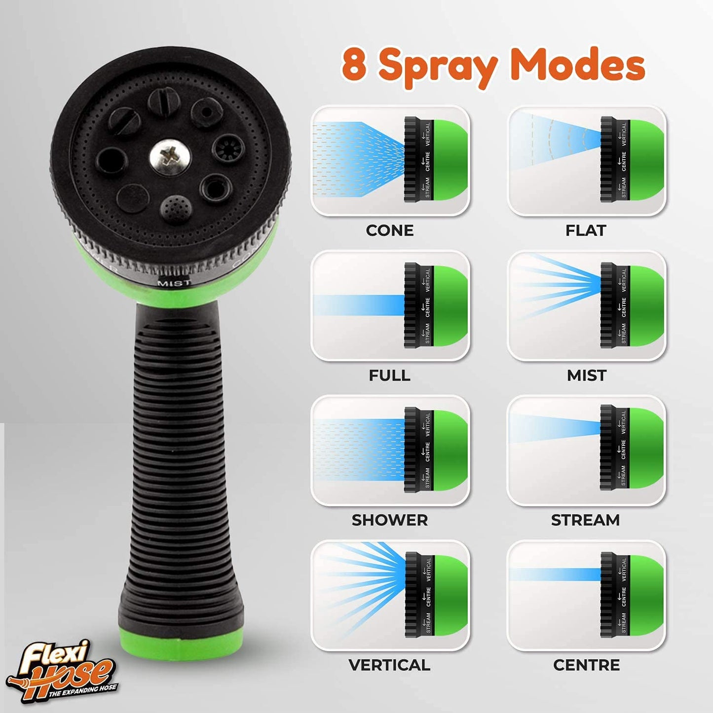 Flexi Hose Plus with 8 Function Nozzle Expandable Garden Hose, Lightweight & No-Kink Flexible Garden Hose, 3/4 inch Solid Brass Fittings and Double Latex Core, 50 ft Black