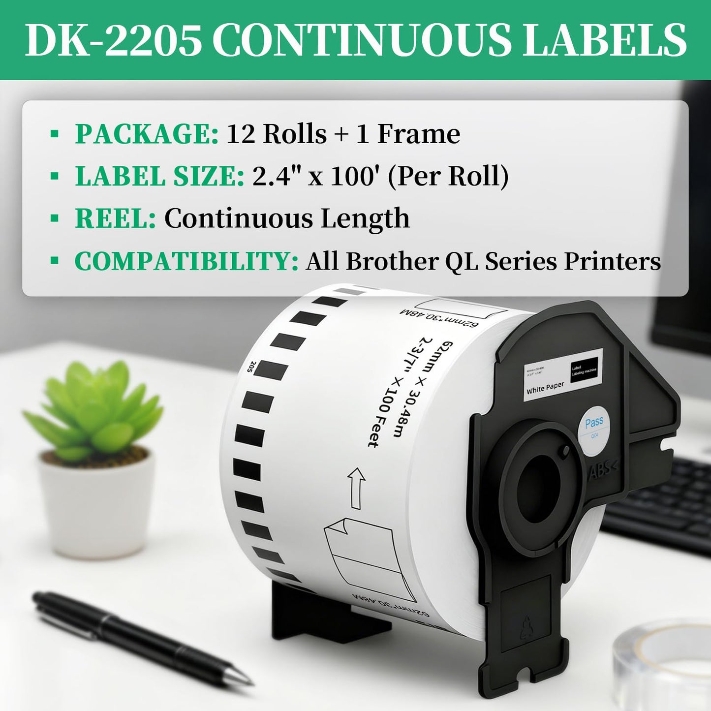 12 Rolls Replace Brother Continuous Labels DK-2205 (2.4" X 100') Compatible with QL-800 QL-820 QL-810 QL-1110 and Other All Brother QL Label Printer, Suitable for Address Labels Barcode Labels