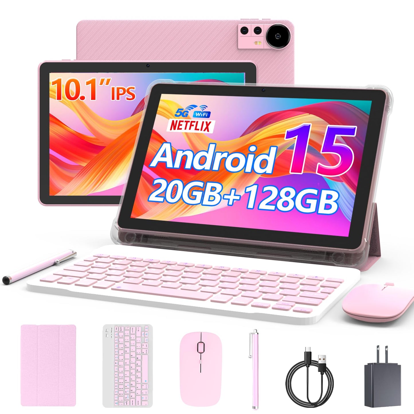 Android 15 Tablet, 10 Inch Tablet, 18GB RAM+128GB ROM/2TB Expandable Tablet PC, 2 in 1 Tablets with Keyboard, Mouse, Case, Stylus, Quad-core 2.0GHz CPU HD Screen, 5G WiFi 6 BT 5.0, 8MP Camera Tableta