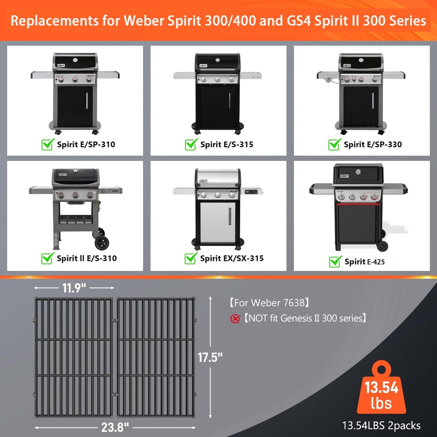 QuliMetal 17.5" Grill Grates for Weber Spirit 300 and Spirit II 300 Series, Spirit E/S-310 E/S-320 E/S-330, Spirit 700, Genesis Silver/Gold B & C, Genesis 1000-3500, Cast Iron Part for Weber 7638 7639