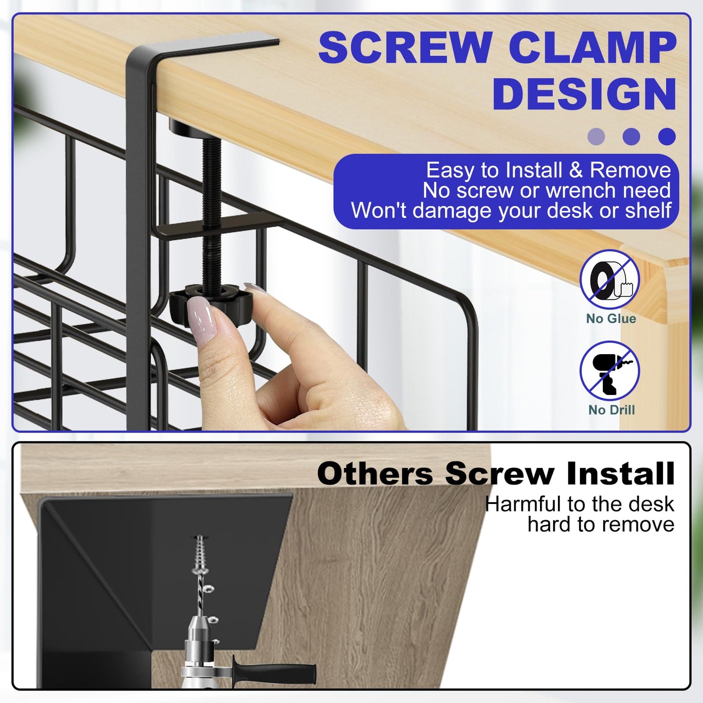 REFLYING Under Desk Cable Management Tray Metal Wire Cable Tray for Cable and Cable Management, Black, 2 Packs