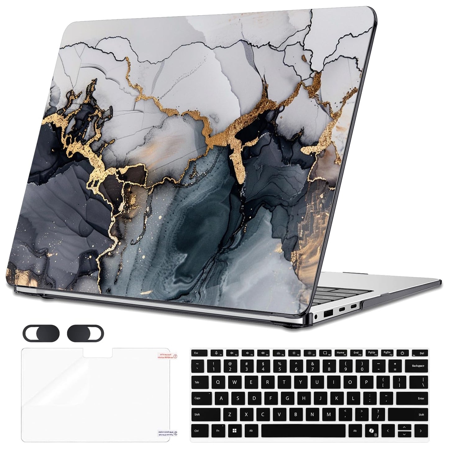 Seanai Protective Case Compatible with 2036 Microsoft Surface Laptop 13.8 inch Touchscreen 2024 (7th Edition), Plastic Hard Shell Case&Keyboard Cover&Screen Film, Marble Golden Patterns