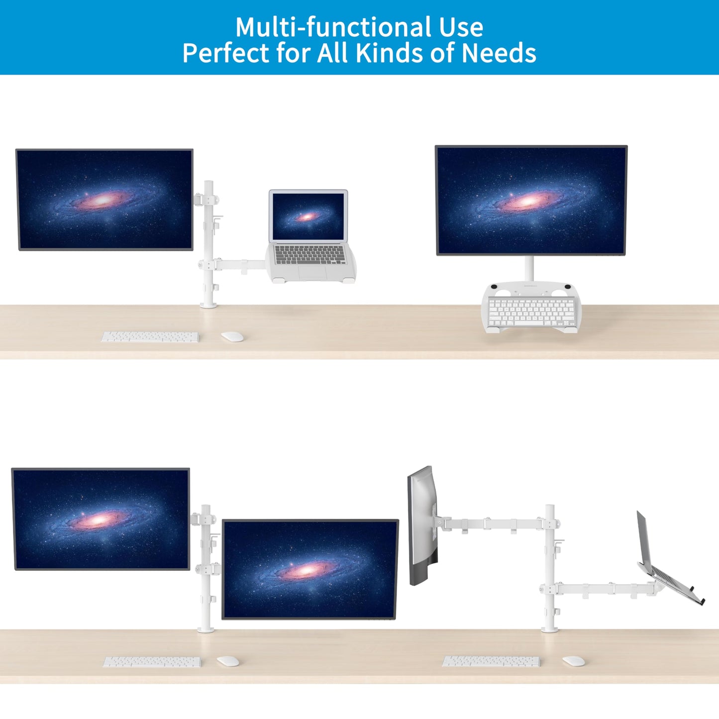 SHOPPINGALL Fully Adjustable Dual Monitor & Laptop Mount Stand Notebook Desk Mount with Tray with 2 Swing Arms for Monitors up to 32" Laptops up to 17", with Clamp and Grommet Mounting - SA-LH07-White