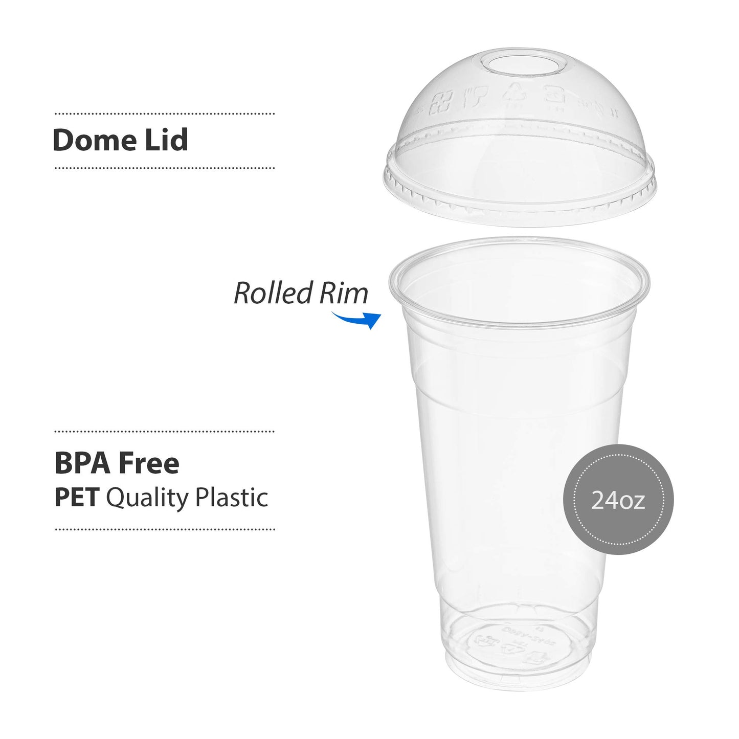 [50 Sets - 24 Oz] Crystal Clear PET Plastic Cups With Dome lids for Iced Coffee, Cold Drinks, Milkshake, Slush Cup, Smoothy's, Slurpee, Party's, Plastic Disposable Cups