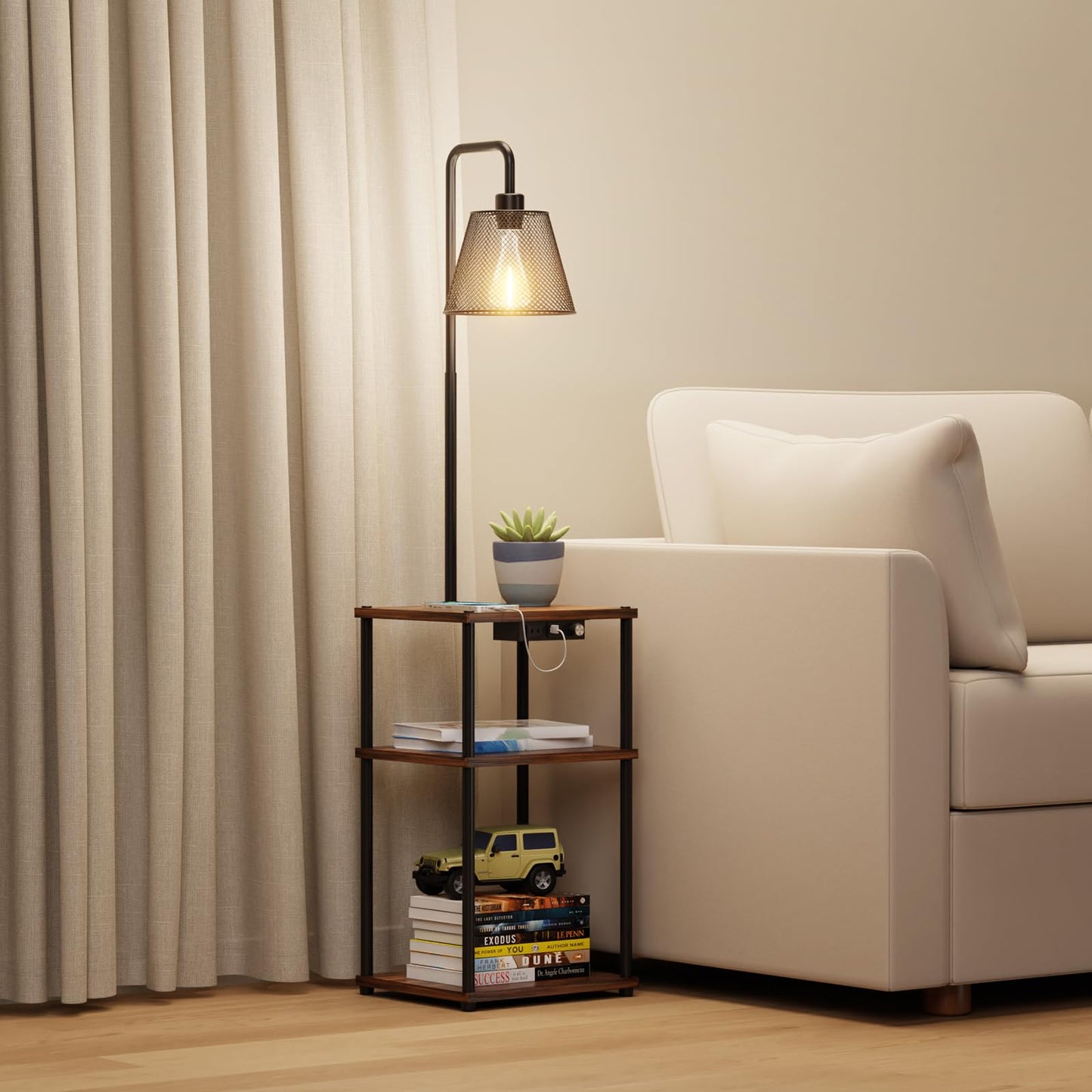Pazarfami Floor Lamp with Table,Foor Lamp with Shelves,Side Table with USB Charging Port and Outlet,Modern Bedside Nightstand End Table with Lamp for Living Room,Bedroom,Guest Room,Bulb Included