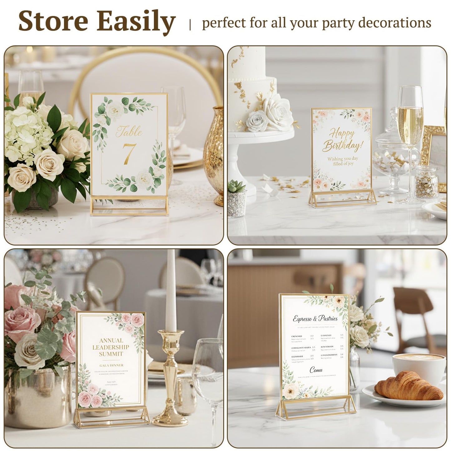EHWINE 12 Pack Acrylic Sign Holder 4 x 6, Double Sided Gold Picture Frame Stand up Table Top Sign Holders, Clear Display Stand Menu Flyer Holder for Wedding Party