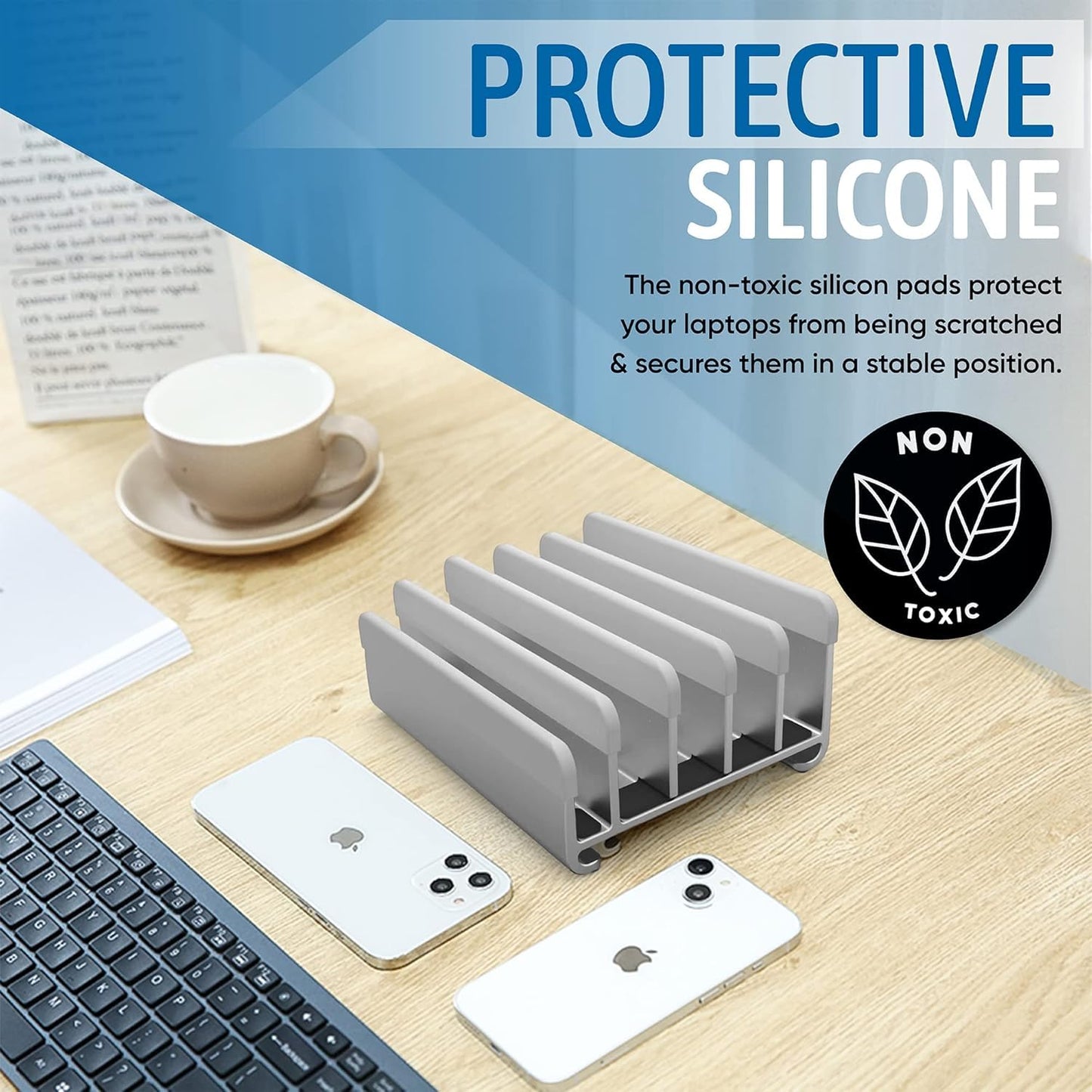 Elestoria Adjustable Vertical Laptop Stand - Fits 5 Devices, Modern Design, Tool Free Adjustment, Protective & Stable | Grey