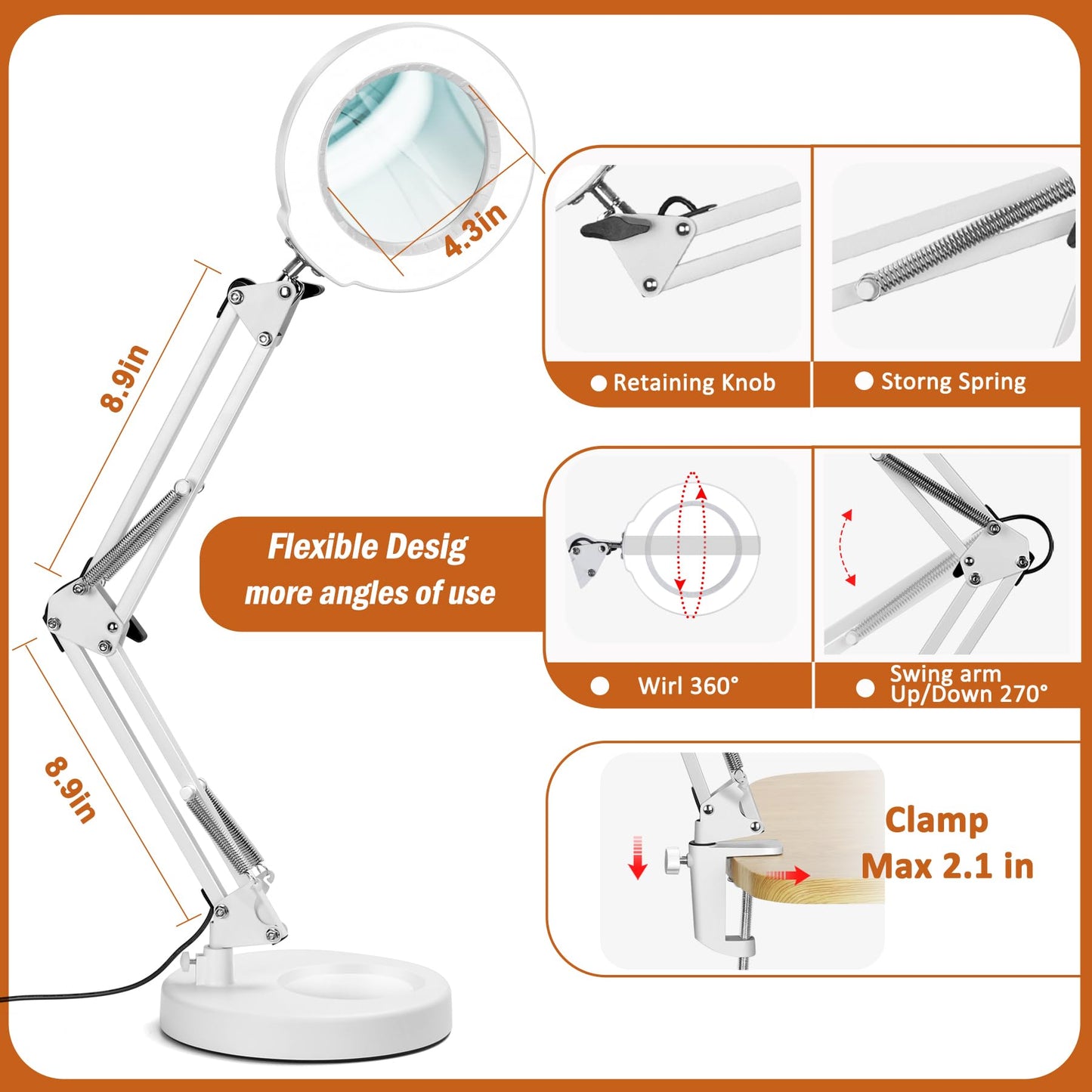 Veemagni 12X Magnifying Glass with Light, 5 Color Modes Stepless Dimmable 2-in-1 Desk Lamp and Clamp, LED Lighted Magnifier and Stand, Hands Free for Craft Repair Hobby Painting Close Work White