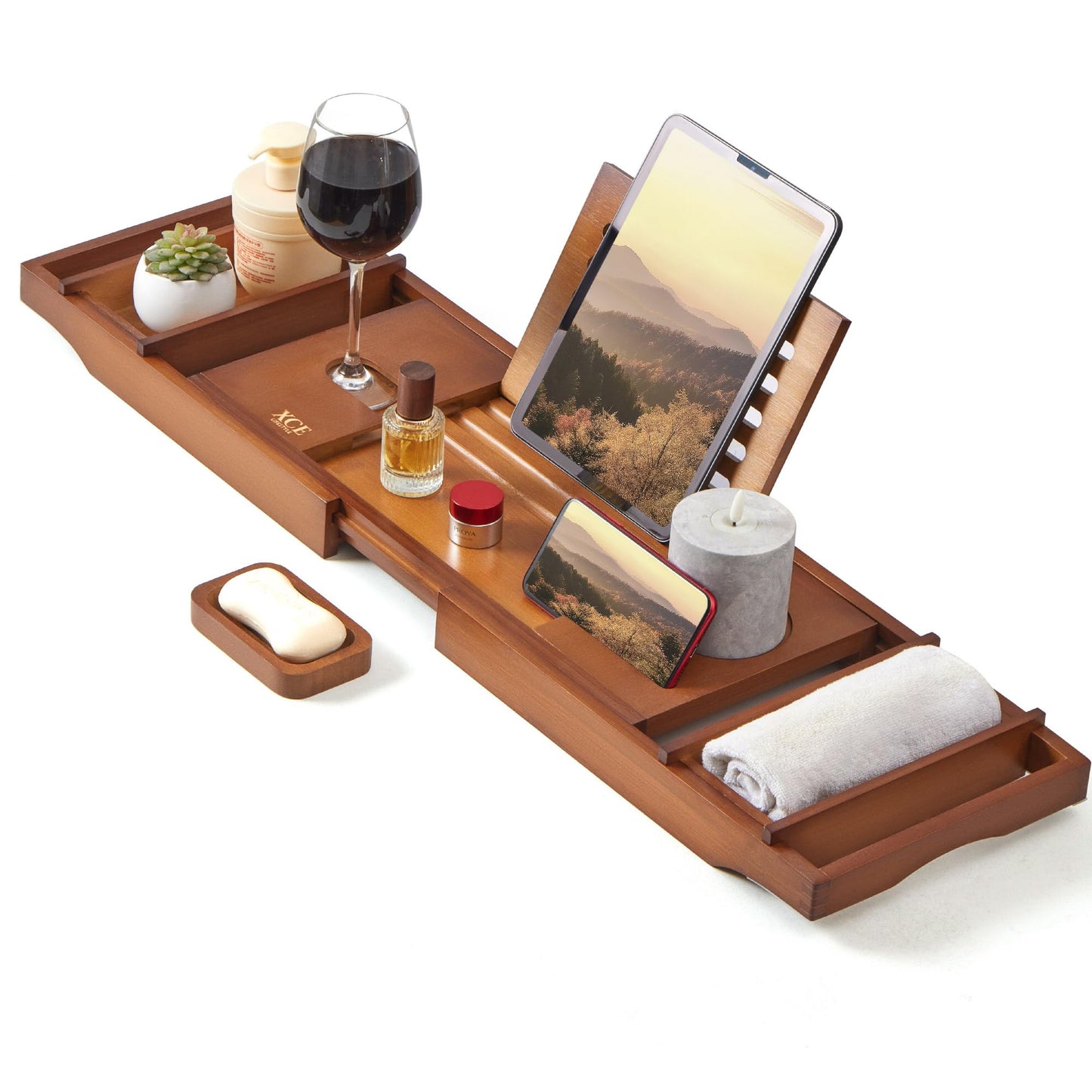 XcE Bathtub Caddy Tray Expandable to 105cm with Bamboo Book Stand and Soap Tray, Brown