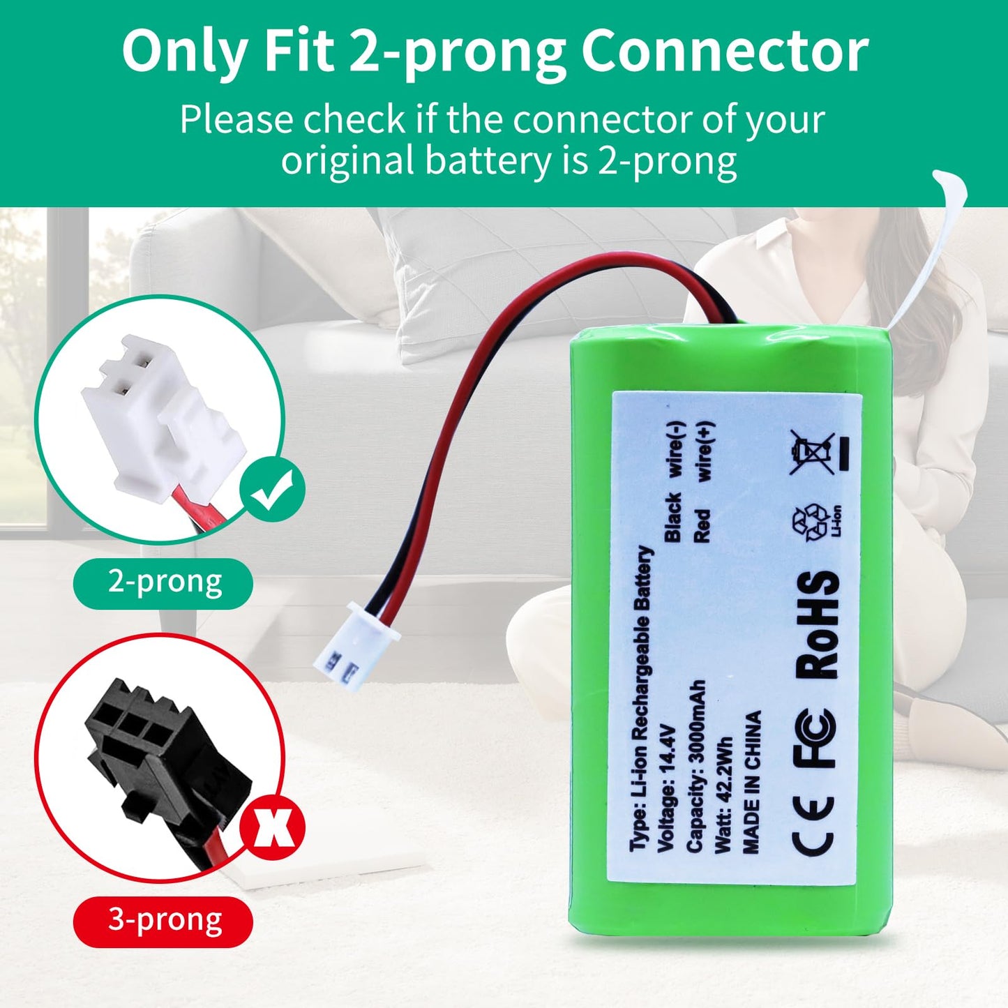 Abatinvo 14.4V 3000mAh RVBAT850 Replacement Battery for Shark Battery R75 R76 R85 S87 RV725N RV750N RV761 RV850C RV1000S RV850 RV751 RV851WV RV871 RV871C RV101AE RV2001 with 2 Prong