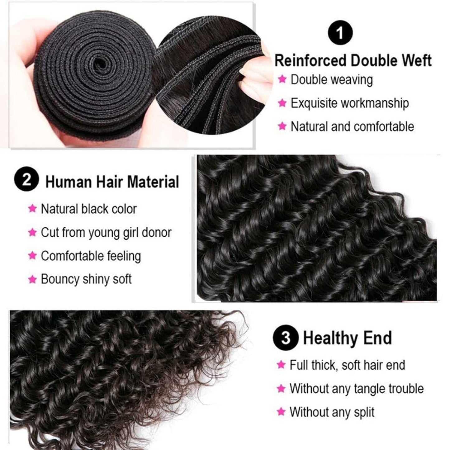 Human Hair Bundles Deep Wave 10 12 14 Inch 10A Brazilian Virgin Hair Extensions for Women 100% Unprocessed Wet and Wavy 3 Bundles Human Hair Cheveux Humain Natural Black