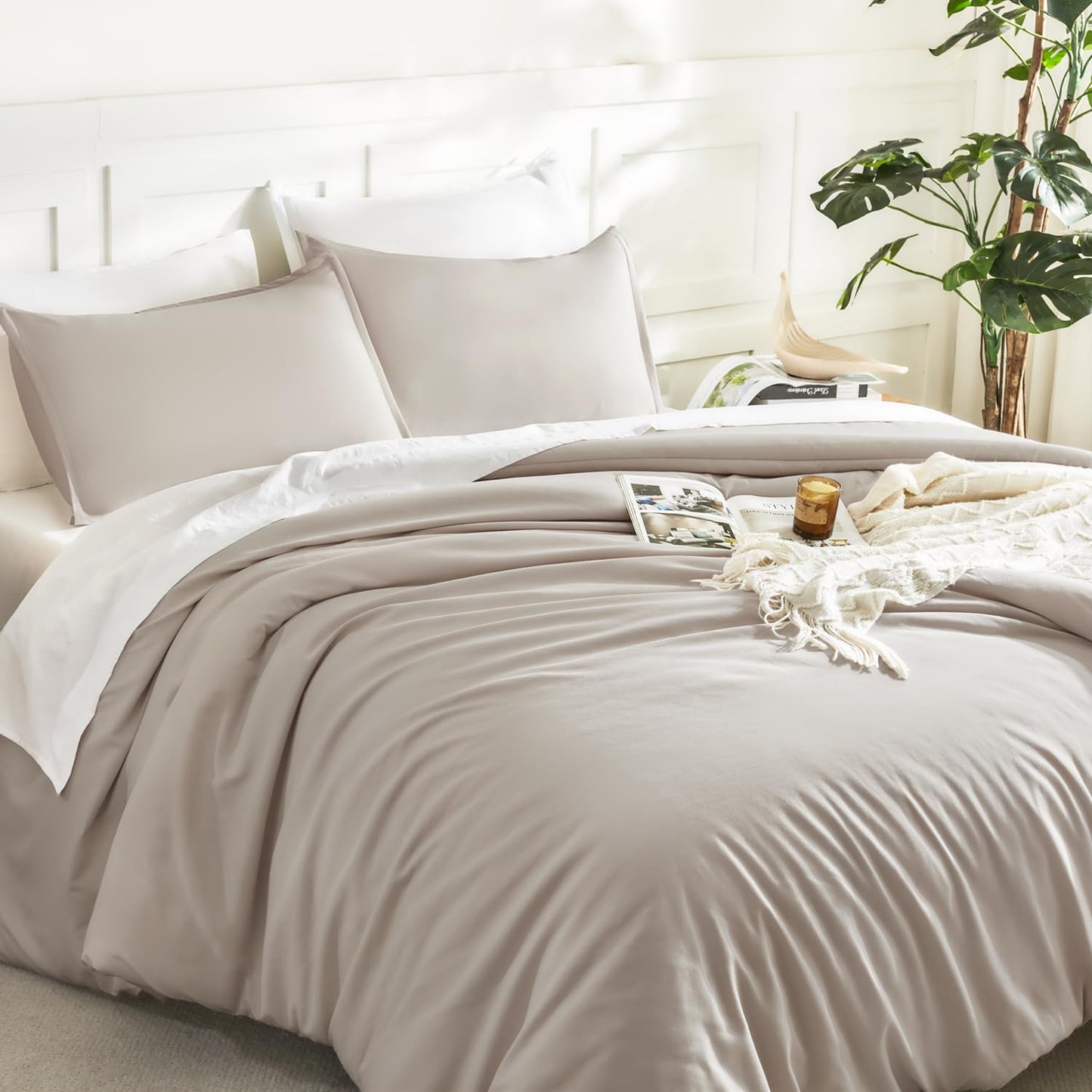 Litanika Linen Grey Comforter Set Queen Size, 3 Pieces Lightweight Solid Bedding Comforter Set, All Season Fluffy Bed Set (90x90In Comforter & 2 Pillowcases)