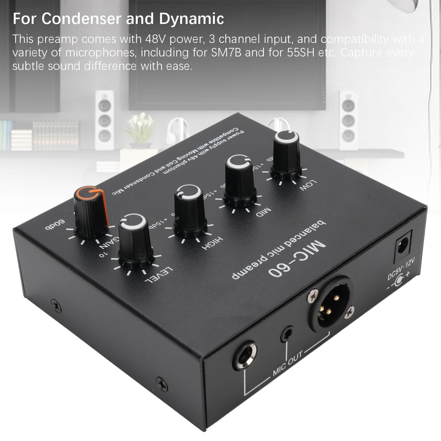 Glomora Microphone Preamp Mic Gain Booster 48V Power Supply Mic Pre Amp for Dynamic Condenser XLR 3.5mm 6.35mm Inputs Outputs (With XLR Cable)