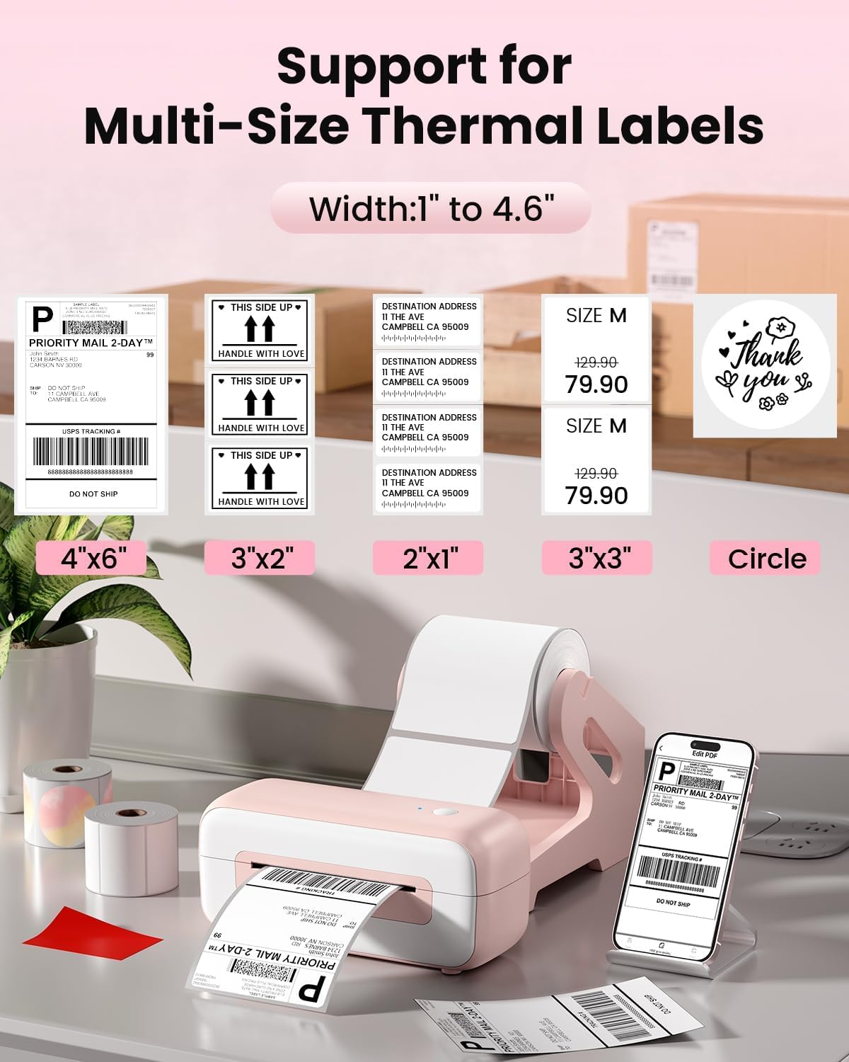 Phomemo Label Printer- Shipping Label Printer, Upgrade 4x6 Desktop Thermal Label Printer for Shipping Packages/Small Business/Office/Home- Pink