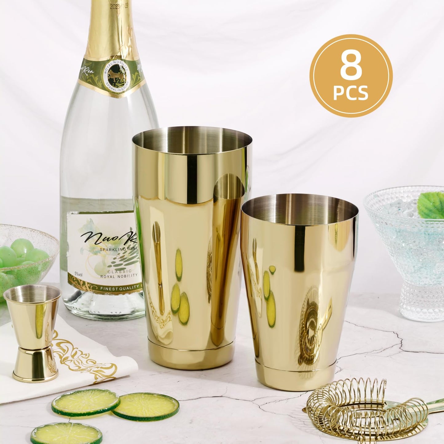 Mwellewm 8 Pcs Cocktail Shaker Boston Shaker Set Professional Bartender Kit Bar Shaker Stainless Steel Drink Bartending Martini Tin with 18oz & 28oz Mixed Alcohol Tool for Beginner(Gold)