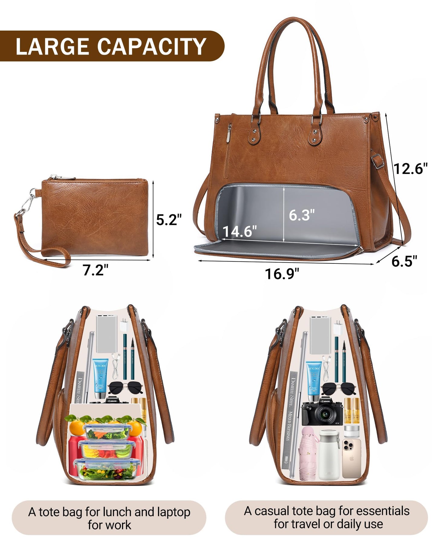 Laptop Tote Bag with Insulated Lunch Compartment for Women Work, PU Leather Lunch Bag with 15.6 Inch Computer Compartment Brown