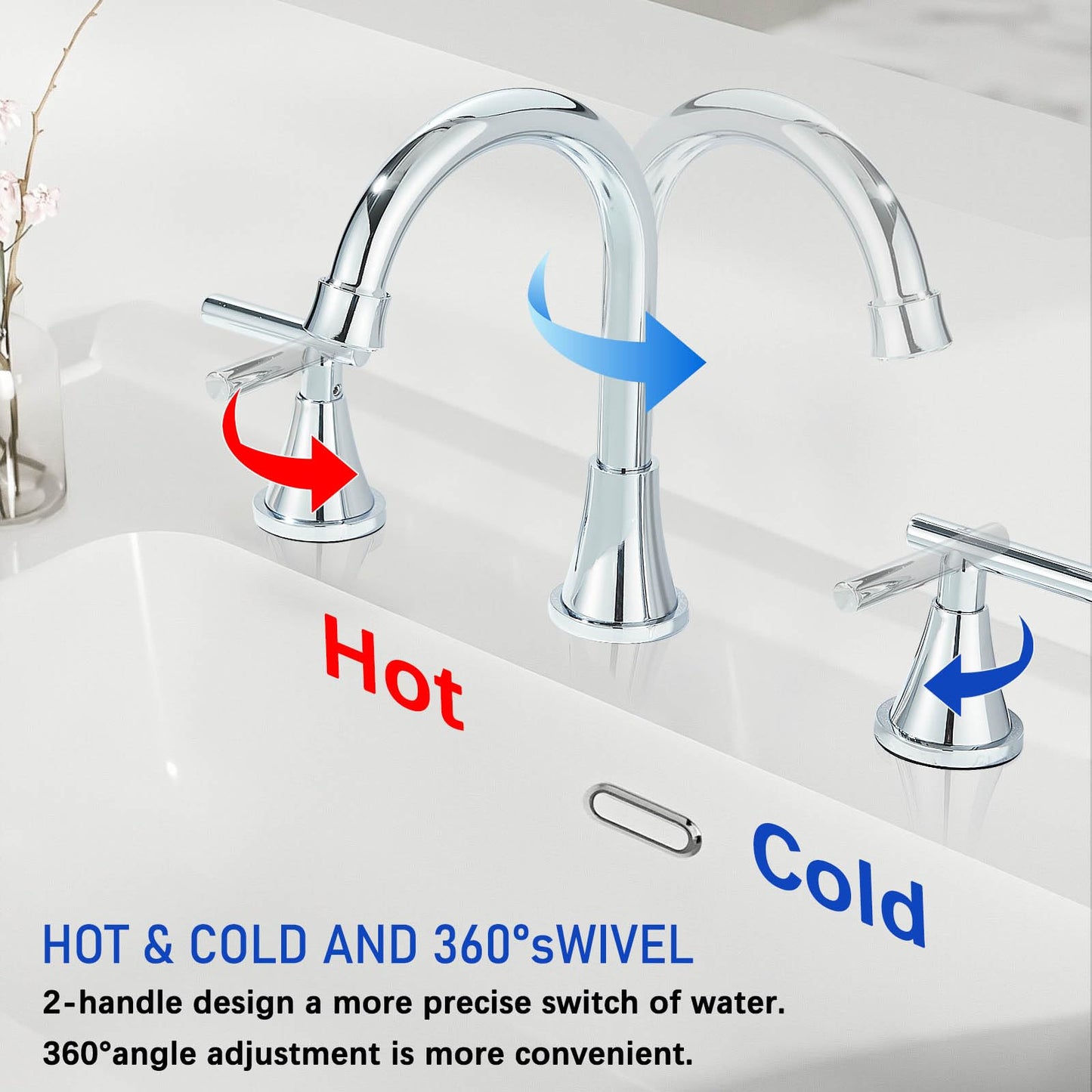 Alenart High Arc Chrome Bathroom Faucet 360° Swivel Spout 3 Hole Installation 2 Handle with Pop Up Drain and Water Supply Hoses, Stainless Steel for Bathroom Sink Vanity RV Farmhouse Sink