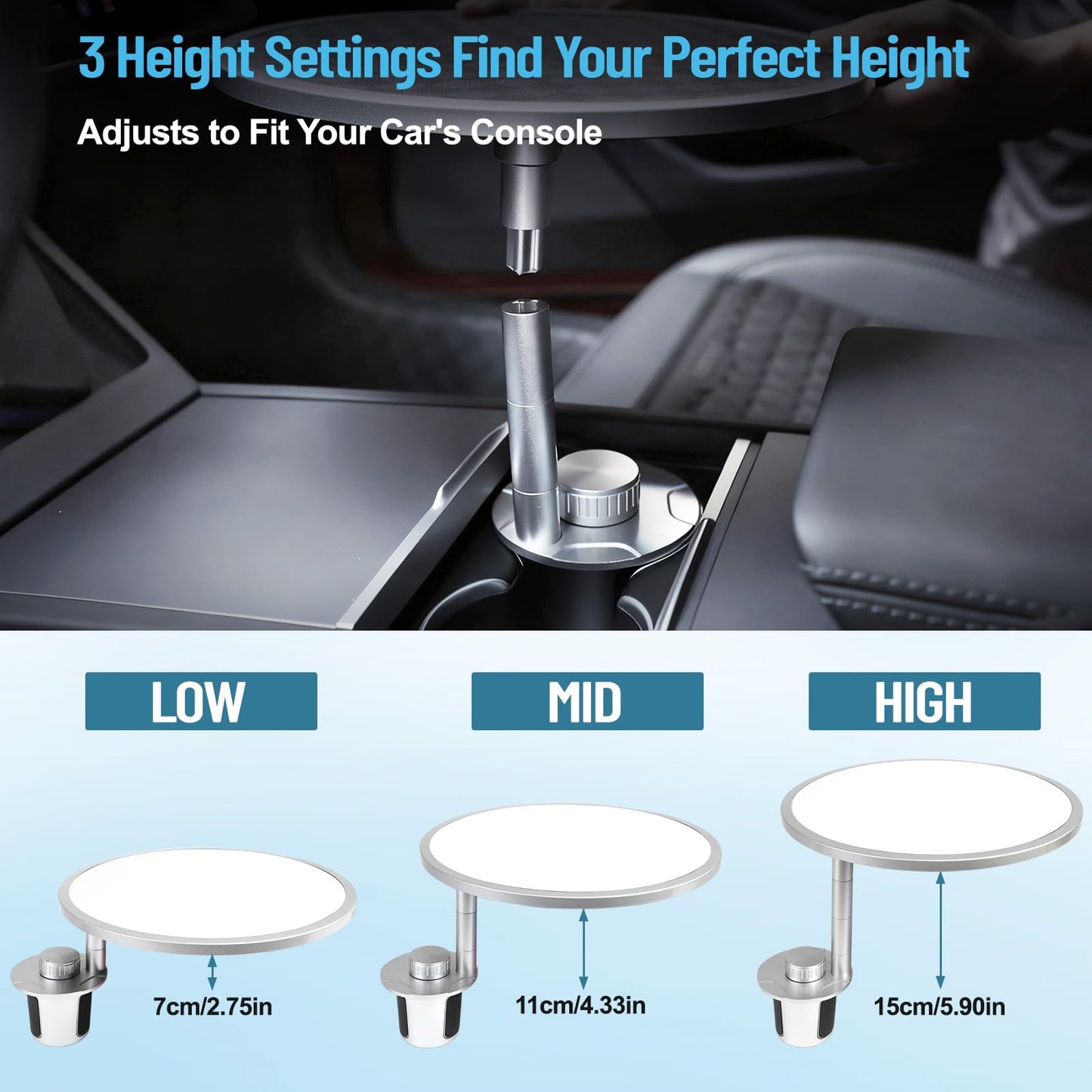 Car Tray Table & Car Desk for Laptop with 2 Risers and Anti-Slip Pad, 360° Rotating Cup Holder for Working and Eating Compatible with Tesla Model 3/Y/S, Ford F150/Explorer/Maverick & Most Vehicles/EV