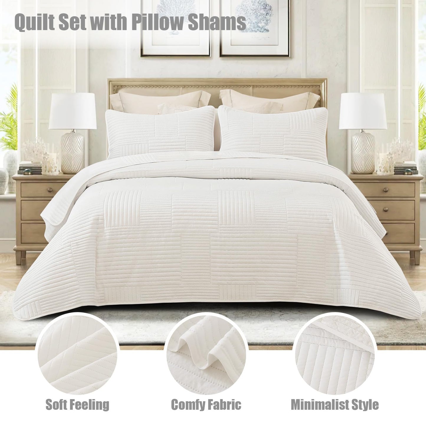 Whale Flotilla Ultra Soft Queen Quilt Bedding Set, Lightweight White Quilts Bedspreads Full Size, Ultrasonic Geometric Coverlet Bed Cover for All Seasons (1 Quilt, 2 Pillow Shams)