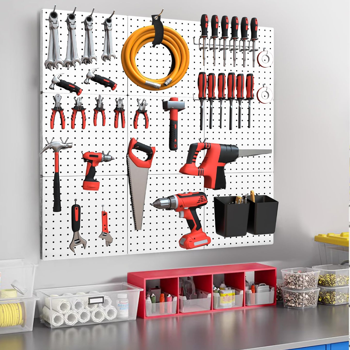 FZK Peg Board Kit, 4 Metal Pegboard Wall Organizer with 70 Accessories, Heavy Duty Pegboard for Walls, White Pegboard for Garage, Craft Room, Workbench, Office, Kitchen,Tool Organization