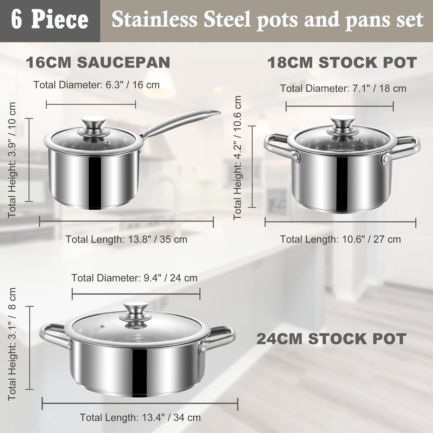 SHEUMNT Stainless Steel pots and Pans Set, 6 Piece Nonstick Kitchen Induction Cookware Set,Works with Induction/Electric and Gas Cooktops, Nonstick, Oven & Dishwasher Safe