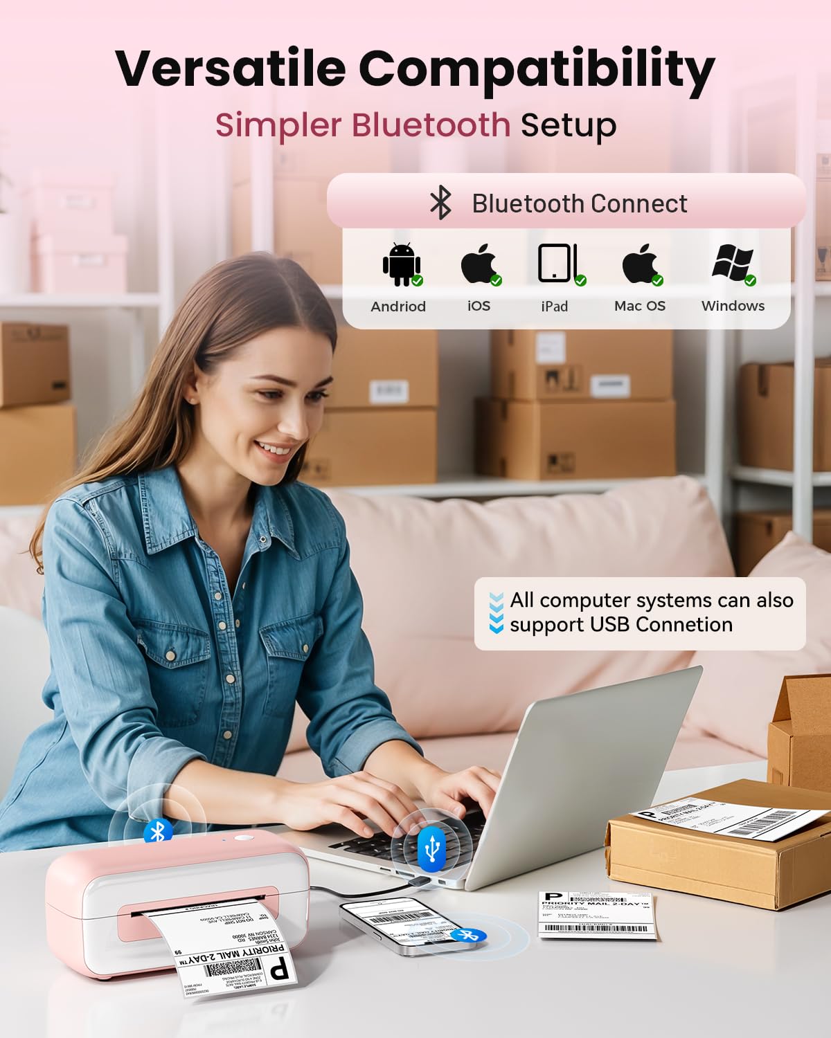 Phomemo Label Printer- Shipping Label Printer, Upgrade 4x6 Desktop Thermal Label Printer for Shipping Packages/Small Business/Office/Home- Pink