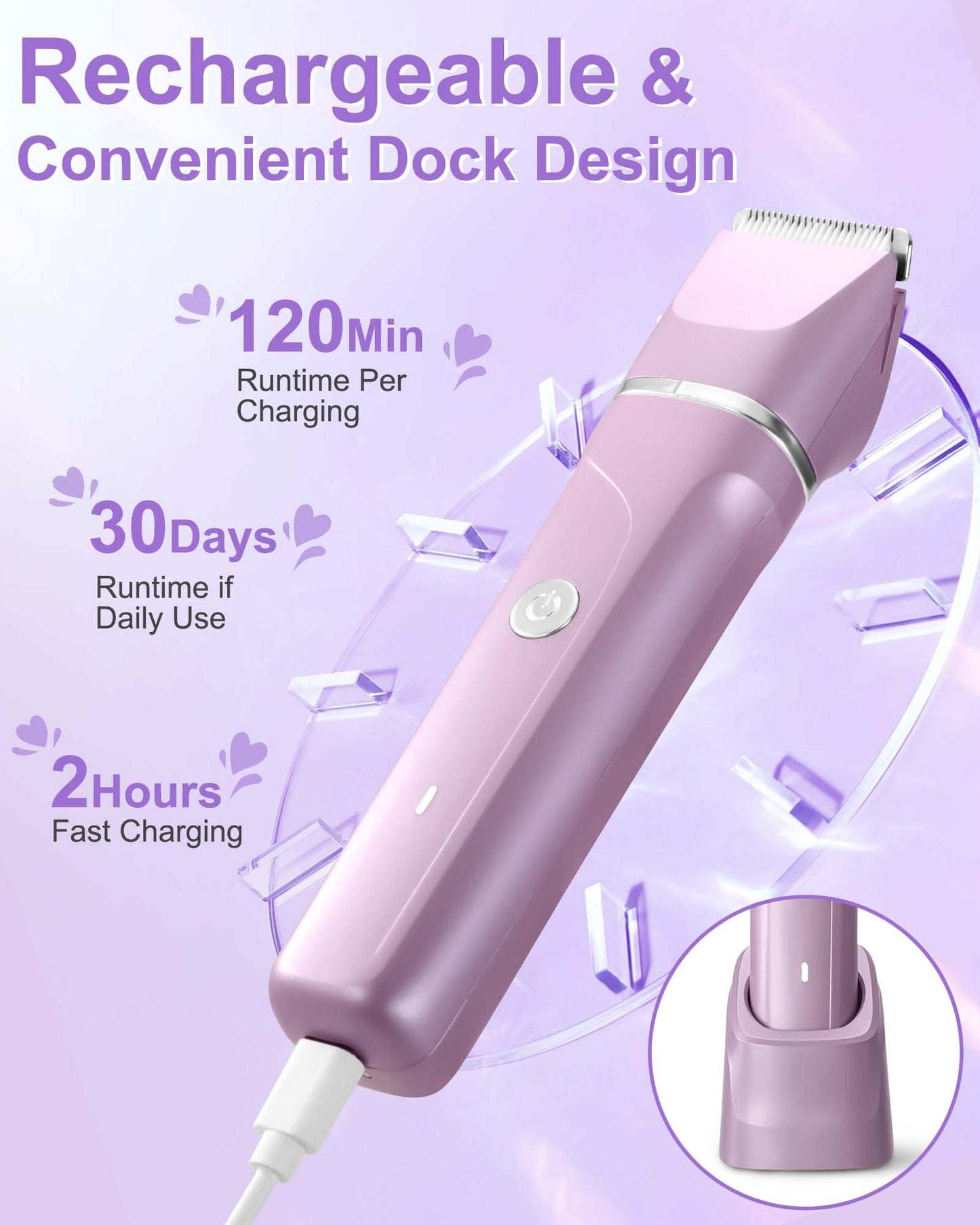 Bikini Trimmer Women,2 in 1 Painless Electric Razor and Facial Hair Remover, Body Groomer IPX7 Waterproof Wet/Dry Cordless Electric Shaver for Face Body Leg Bikini Underarm Arm（Lavender Purple）