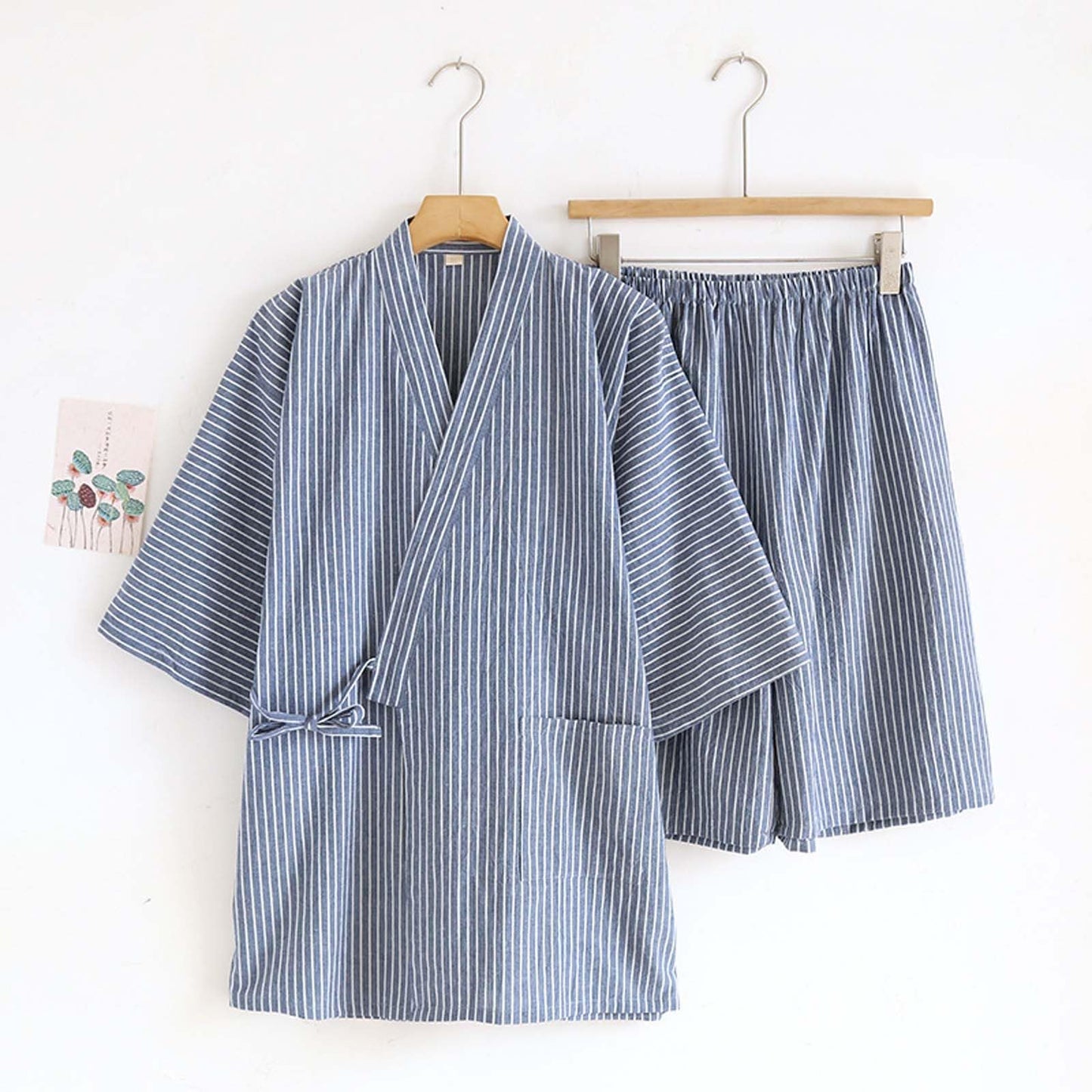 Classical Traditional Japanese Style Pajamas, Stylish Cotton Bathrobe Kimono Pajamas Casual Clothes for Men and Women, Blue Stripe, Multicolored, Medium