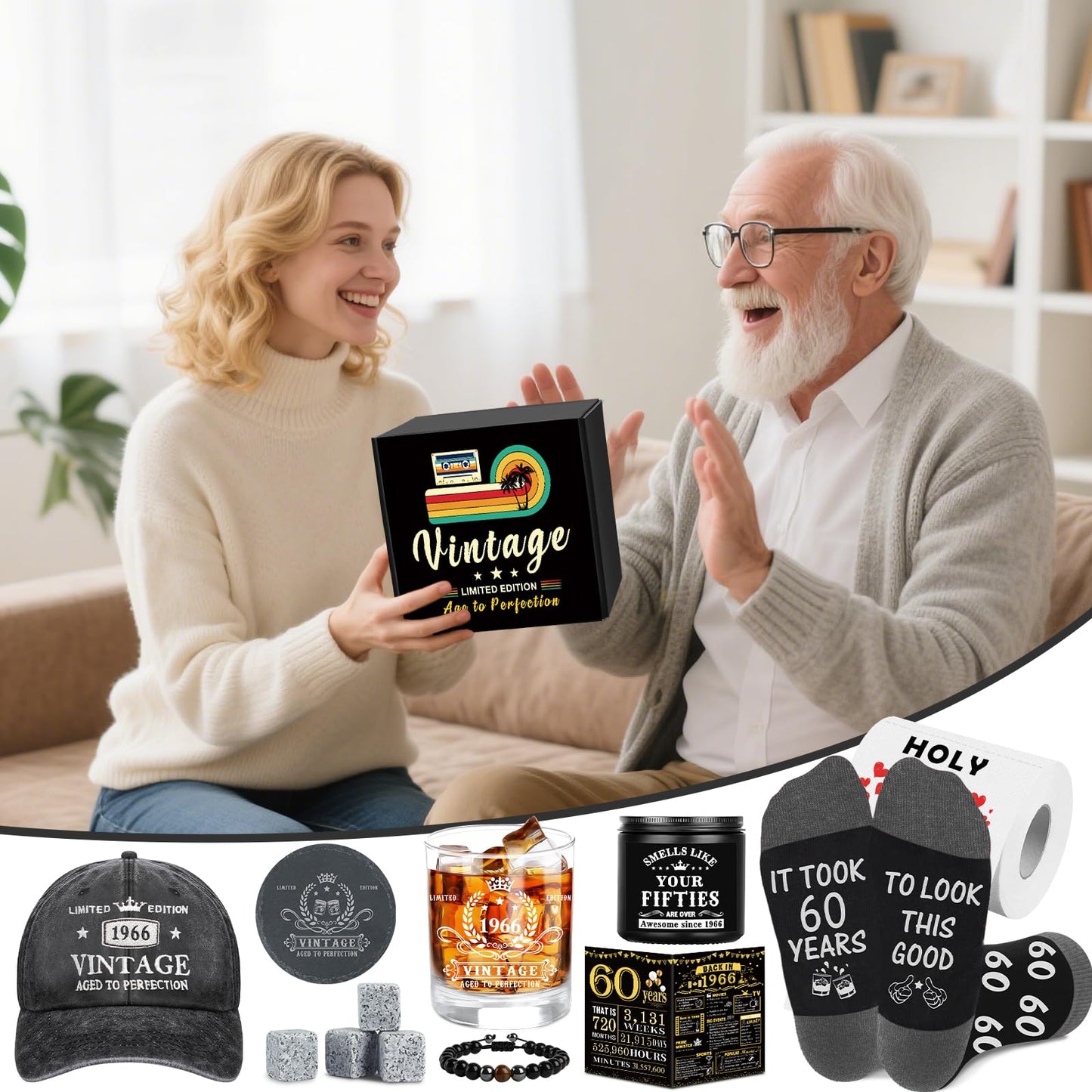 60th Birthday Gifts for Men, Cool 60th Birthday Decorations for Men, 60 Year Old Gifts for Man Who Have Everything, 1966 60th Birthday Gift Baskets for Man Whiskey Glass Baseball Cap Socks Stones