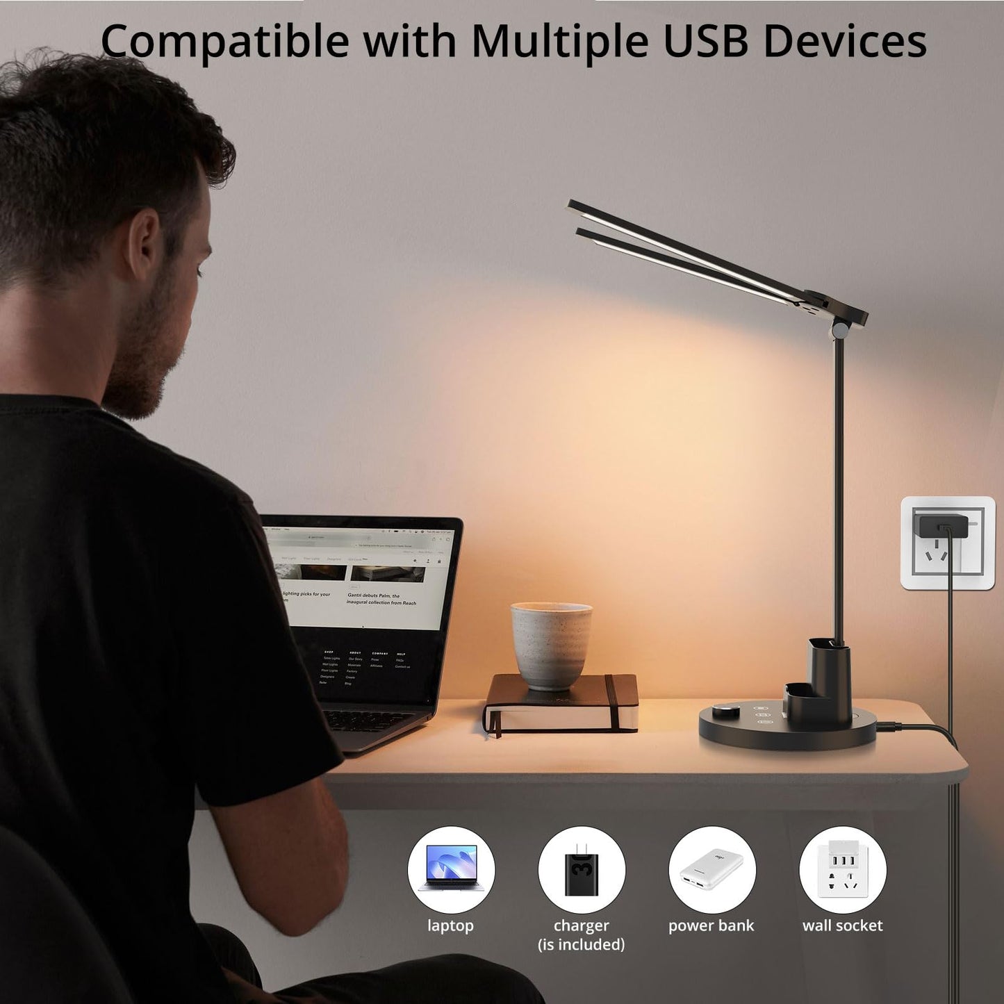 Semlos 10W LED Desk Lamp for Home Office, Touch Control, Adjustable Brightness, 3000K-6500K Color Temp, 45-Min Timer, Reading Mode, Dual-Arm Table Light with Charger & Pen Holder, Black