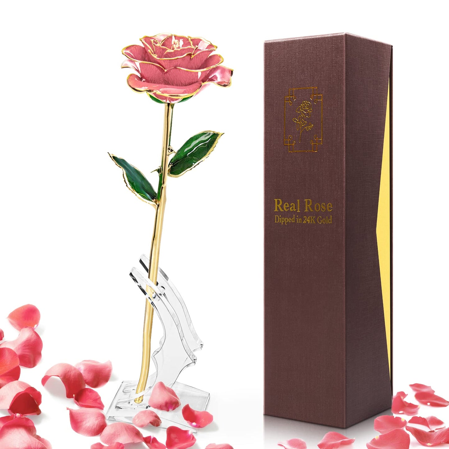 Gold Dipped Rose 24k: Yolife 24k Gold Dipped Real Rose Lasted Forever with Transparent Stand, Best for Her - for Valentine’s Day Mother’s Day Girlfriend Wife Birthday Wedding Flowers (Pink)