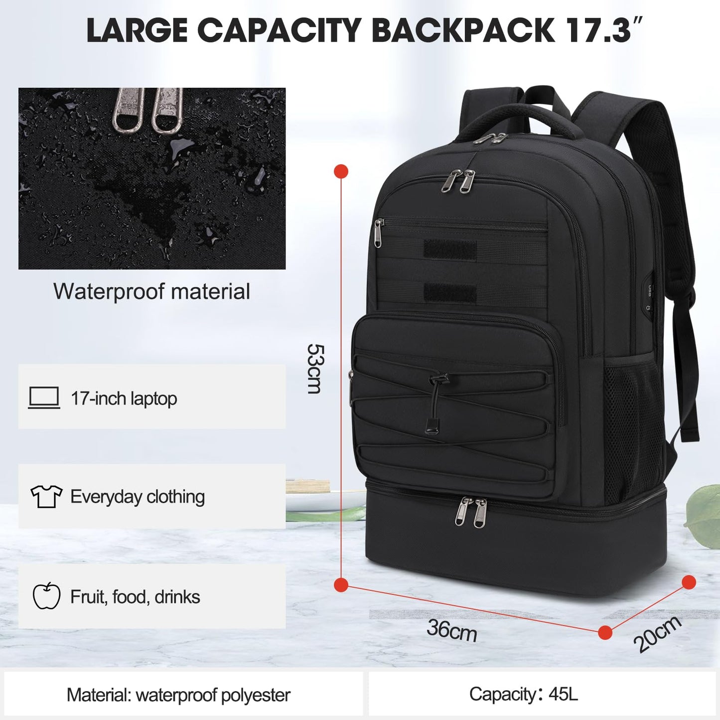 SDYSM Lunch Backpack for Men, 17.3 Inch Laptop Backpack with Charging Port & Earphone Hole Travel Work Backpack with Insulated Lunch Bag Waterproof Computer Backpack for College School Business, Black