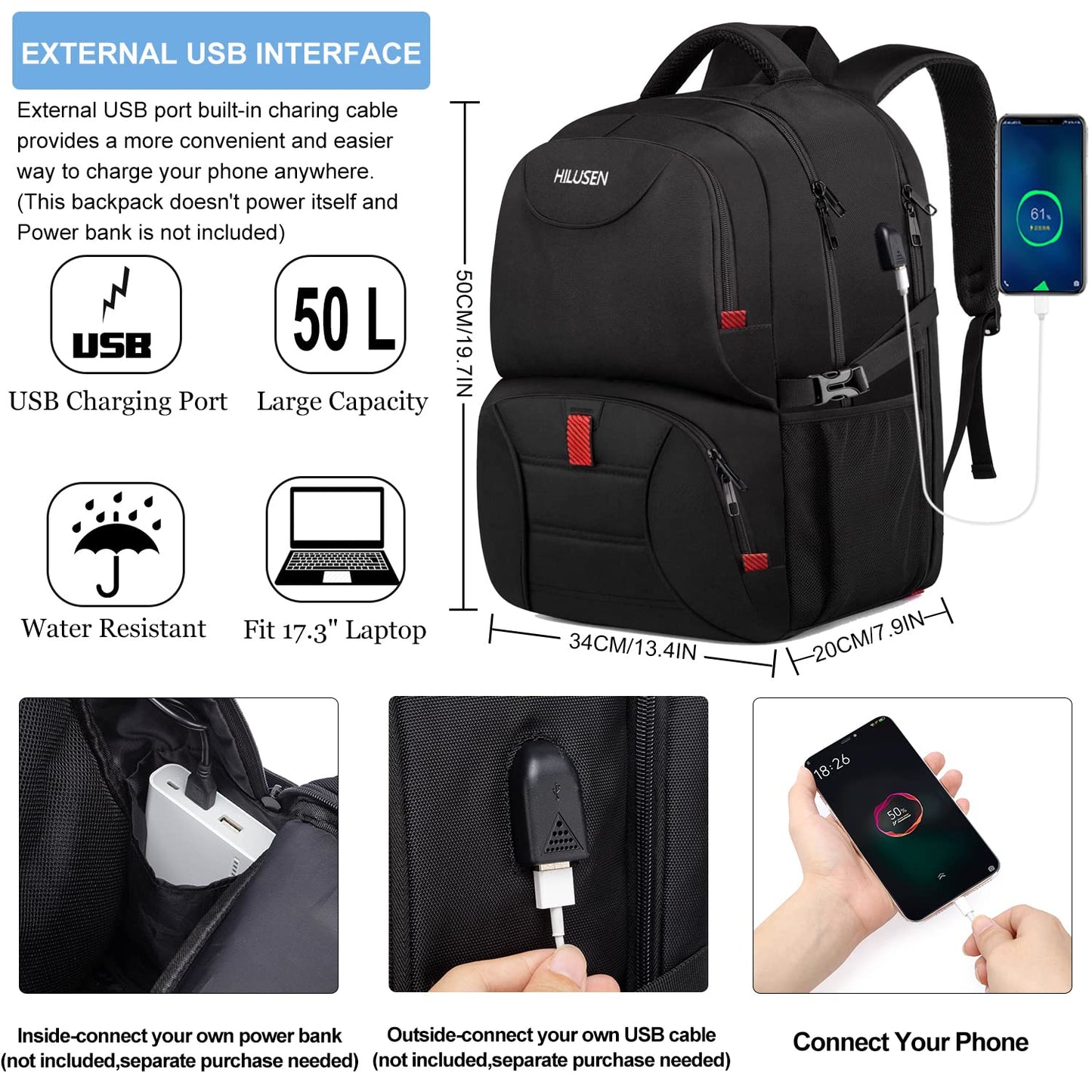 Extra Large Travel Laptop Backpack 50L,Lunch Backpack Business Work Backpack for Men Women with USB Charging Port,Water Resistant TSA Friendly Big 17.3 inch Computer Bag College School Bookbags Black