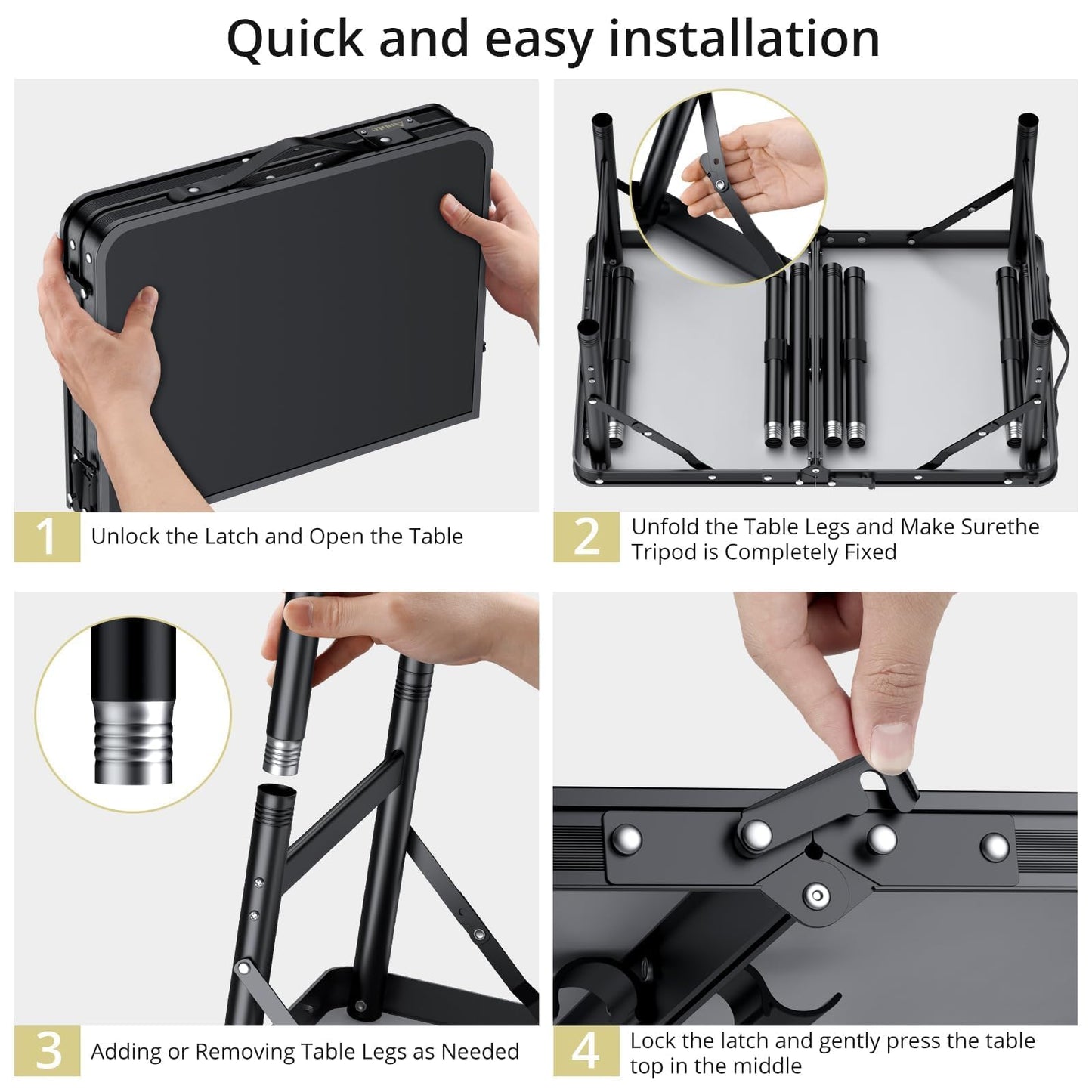 Anbte 2ft Small Folding Table Max 29.5" with Storage Net, 3 Adjustable Height Sturdy Aluminum Camping Table with Portable Handle, Lightweight, for Travel Outdoor Beach Picnic, 23.2" x 16", Pure Black