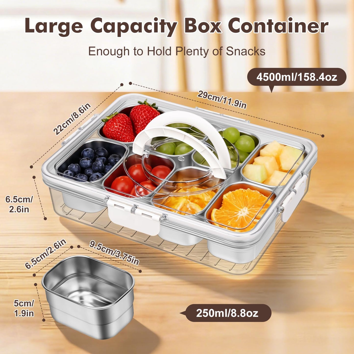 Snackle Box Container with Handle - 8 Compartment Divided Serving stainless steel Tray with Lid - Crystal Clear Charcuterie Box for Travel, Parties, Movie Nights & Daily Snacks