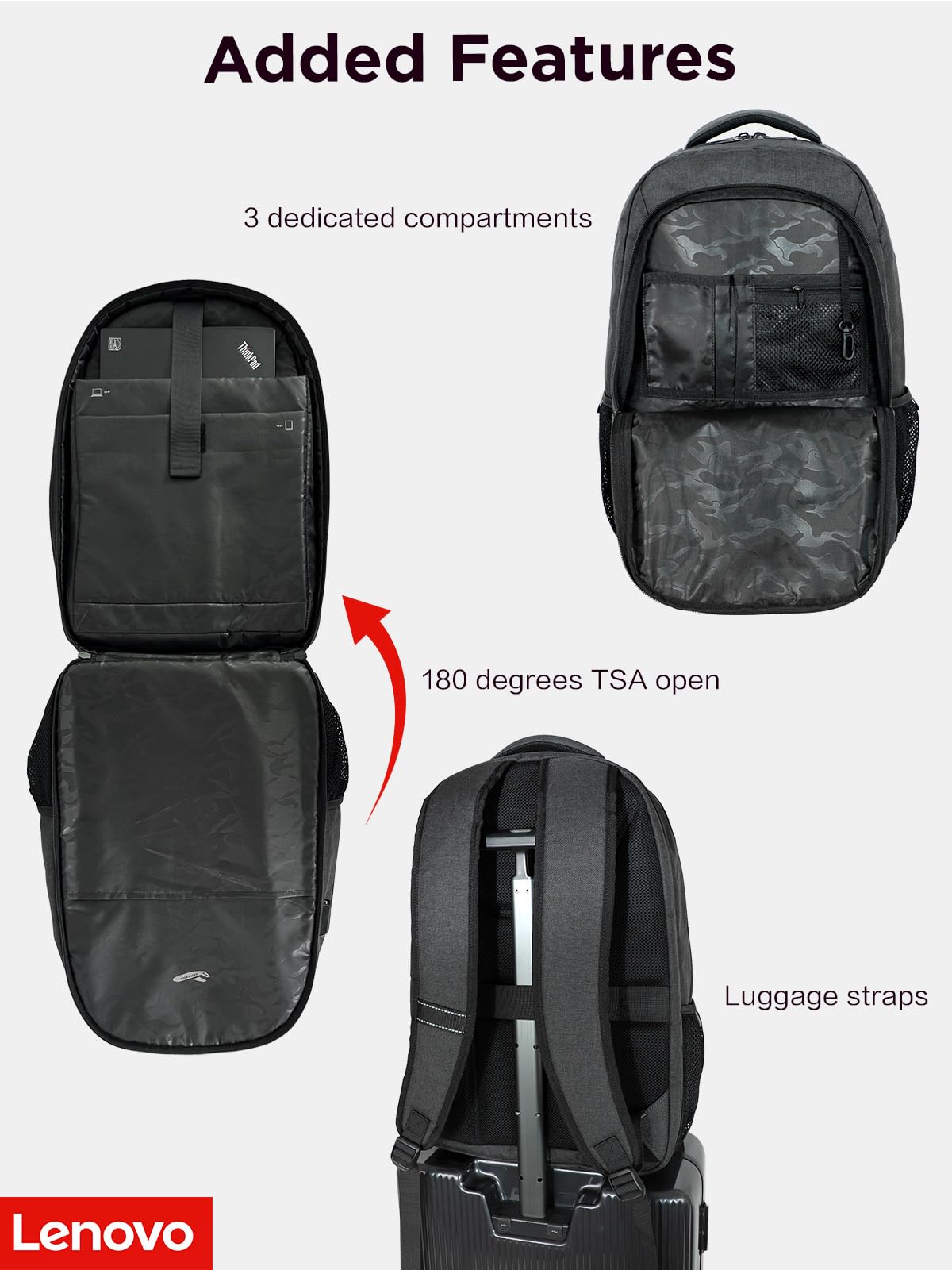 Lenovo B325 Laptop Backpack 35L, Anti Theft, 2 Compartments, External USB Port,Luggage Strap, Grey