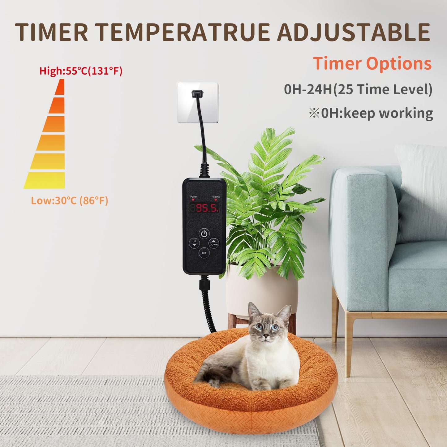 AUPETEK Heated Cat Beds for Indoor Cats Round Warming Cat Beds Super Soft Machine Washable Thermo Kitty Electric Heating Bed （Brown 20 Inches Round）