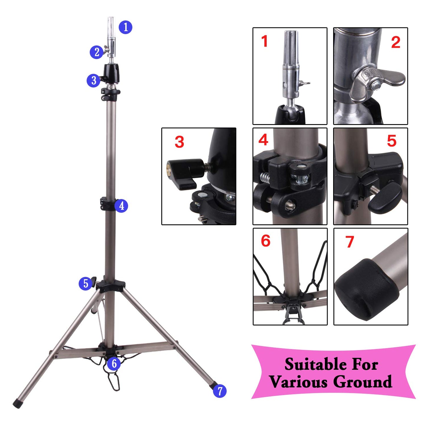 Hair Way Heavy Duty Cosmetology Adjustable Mannequin Head Tripod Stand Styrofoam Canvas Block Head Tripod with Black Carry Bag (87-176cm)