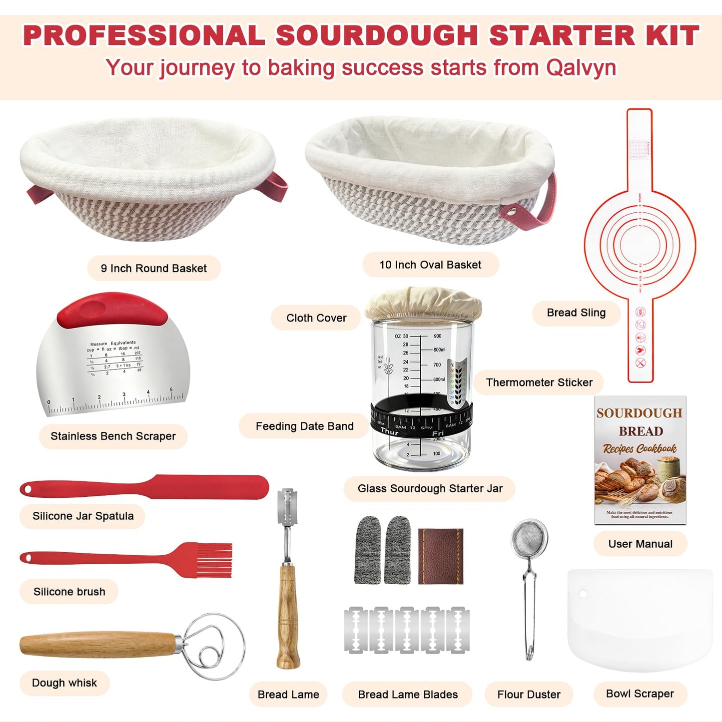 Sourdough Bread Baking Supplies, Sourdough Starter Kit with Cotton Rope Oval & Round Bread Proofing Basket and Sourdough Starter Jar, Artisan Bread Making Kit Ideal Gift for Bakers, Women Wife Mom