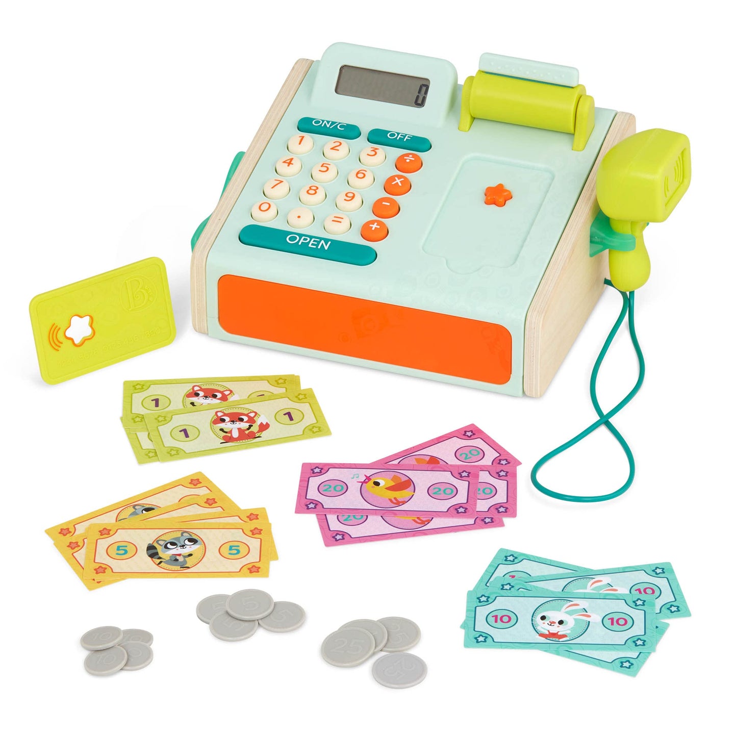 B. Toys – Cashier Playset – Pretend Play Cash Register – Play Money, Calculator, Scanner – Role – Play Cashier Set – Learning Toys for Kids – 3+ Years(30 Pieces)