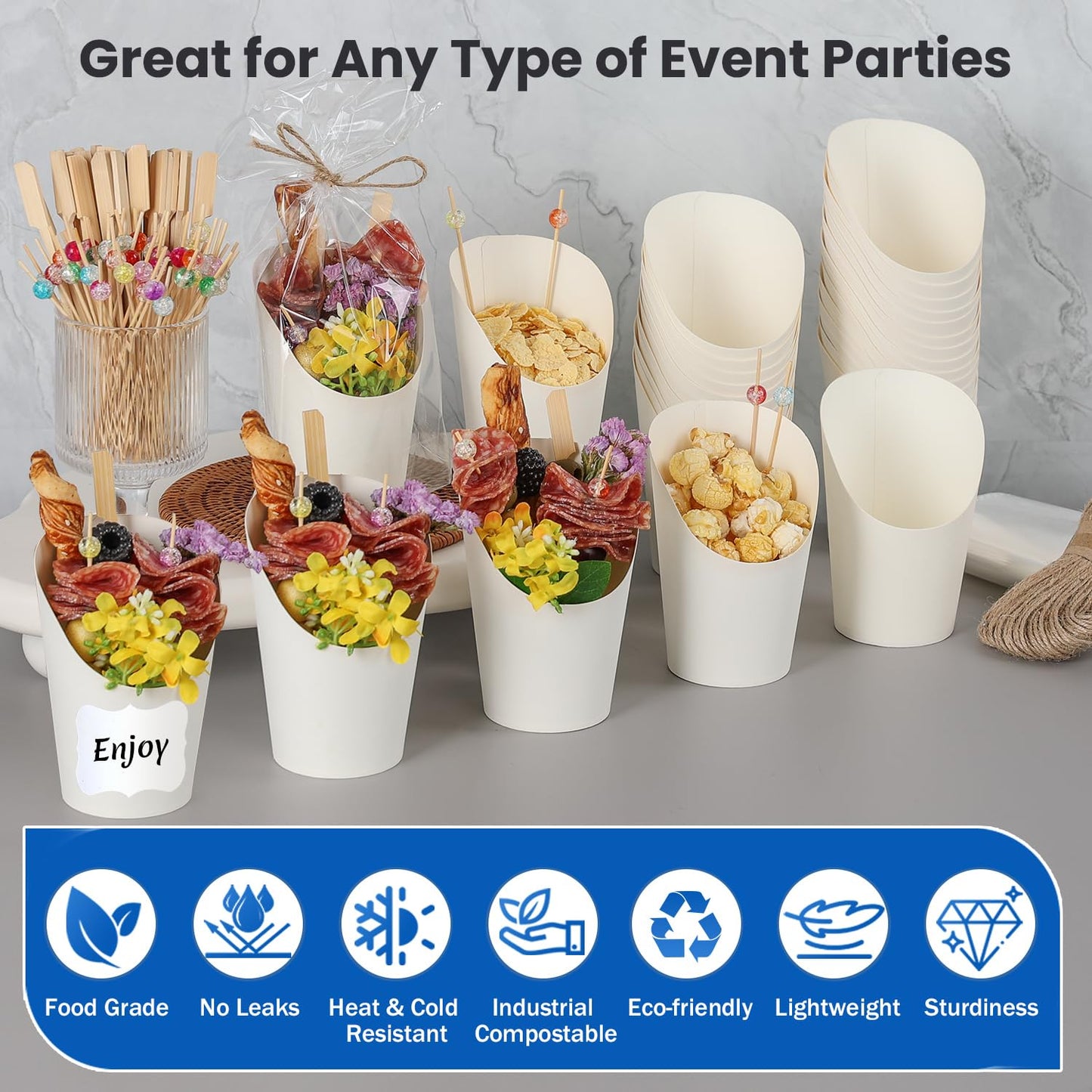 Woixiow 50 Pcs 14oz Paper White Charcuterie Cups with 200 Bamboo Sticks & 50 Clear Bags, Elegant Disposable Snack Cups for Weddings, Baby Showers, Picnics & Holiday Parties