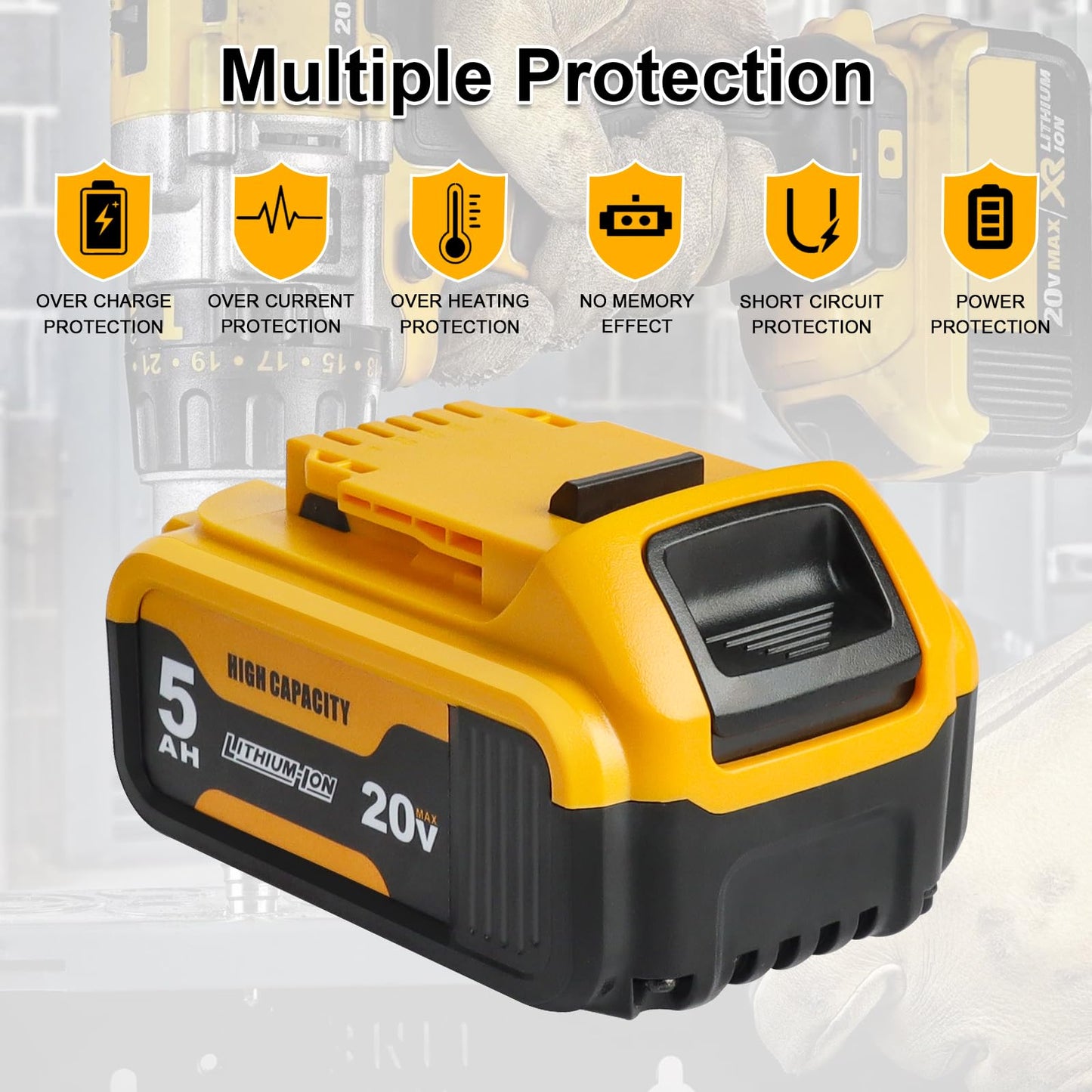2Packs Compatible with Dewalt 20V MAX Battery 5.0Ah Lithium Replacement for DCB200 DCB201 DCB203 DCB204 DCB206 DCB208 Cordless Power Tools & Chargers DCB112 DCB115