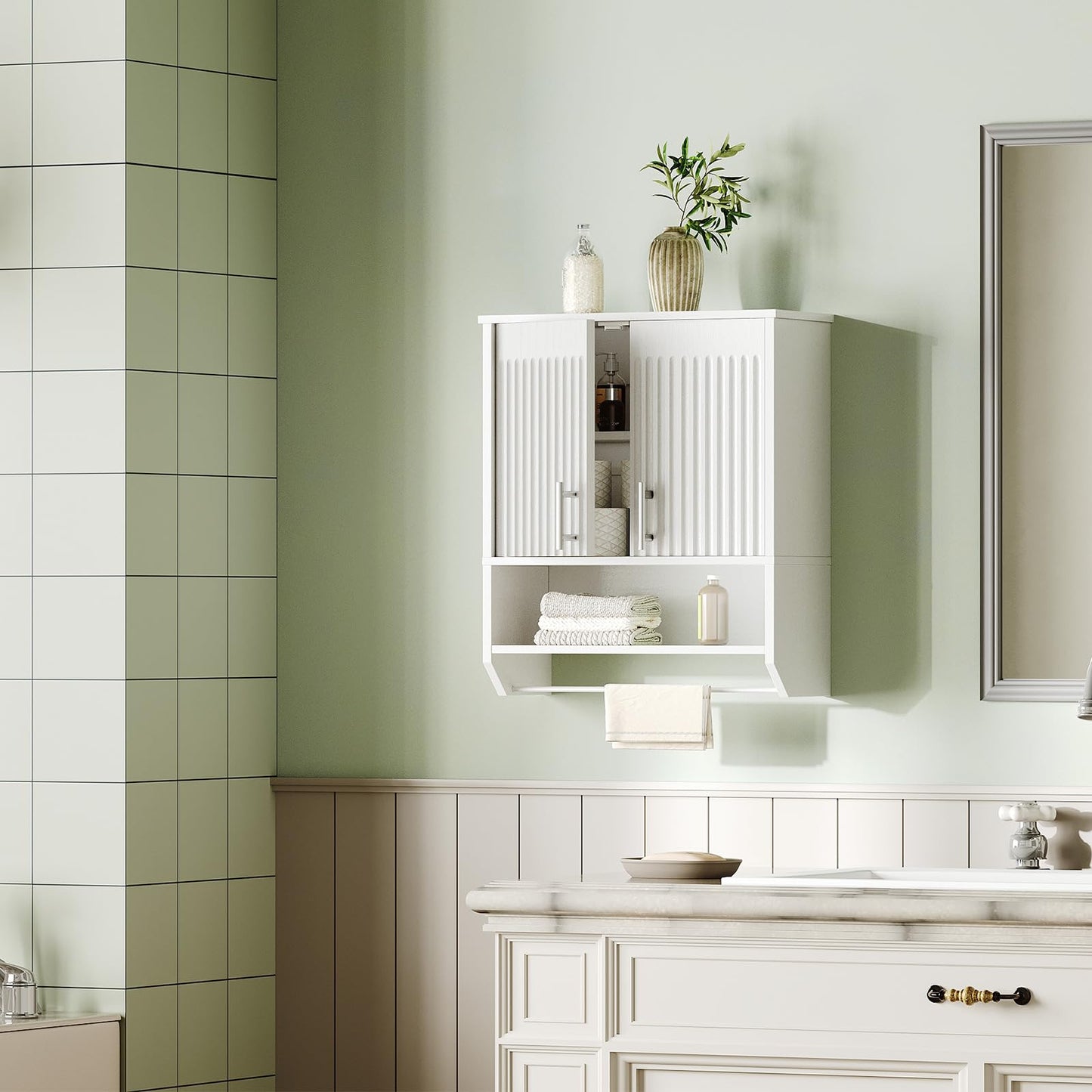 HOOBRO Bathroom Wall Cabinet, Farmhouse Medicine Cabinet, Wall Mounted Bathroom Cabinet with Towel Rack, Adjustable Shelf, for Small Spaces, Bathroom, Kitchen, White WW135CW01