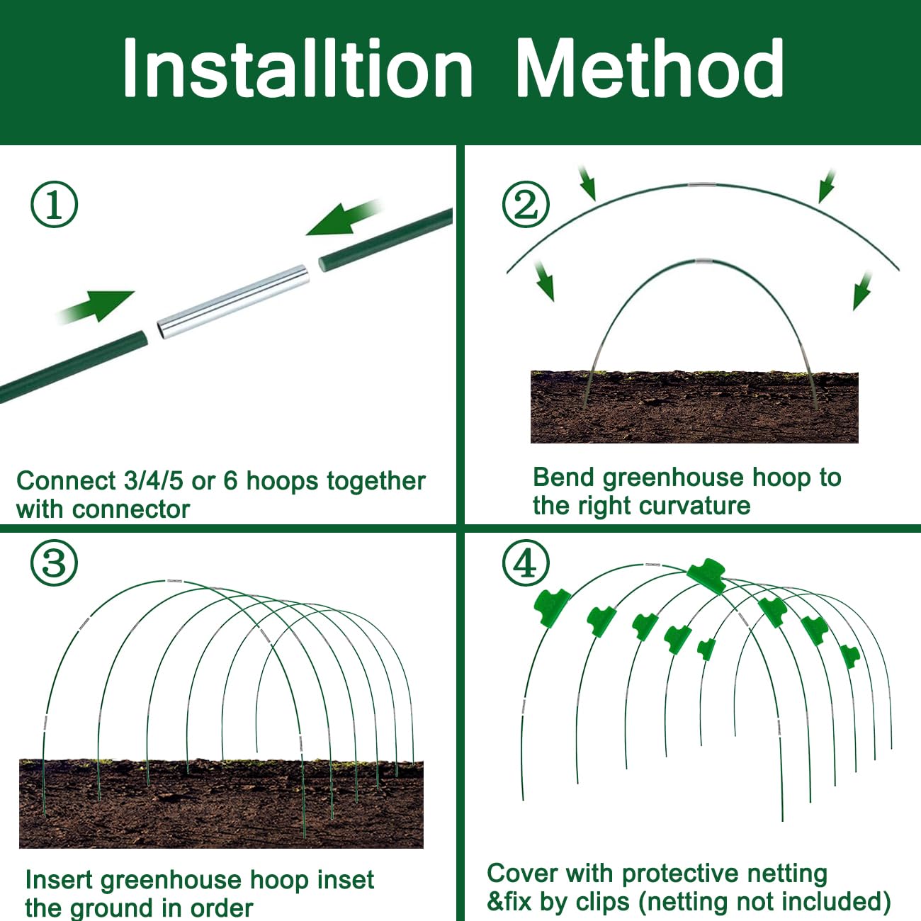 60 PCS Greenhouse Hoops Grow Tunnel, 10 Sets of 8FT Long Garden Hoops, DIY Width Grow Tunnel for Raised Beds, Fiberglass Garden Hoops Kit, Rust-Free Garden Tunnel for Garden Fabric,Garden Hoops