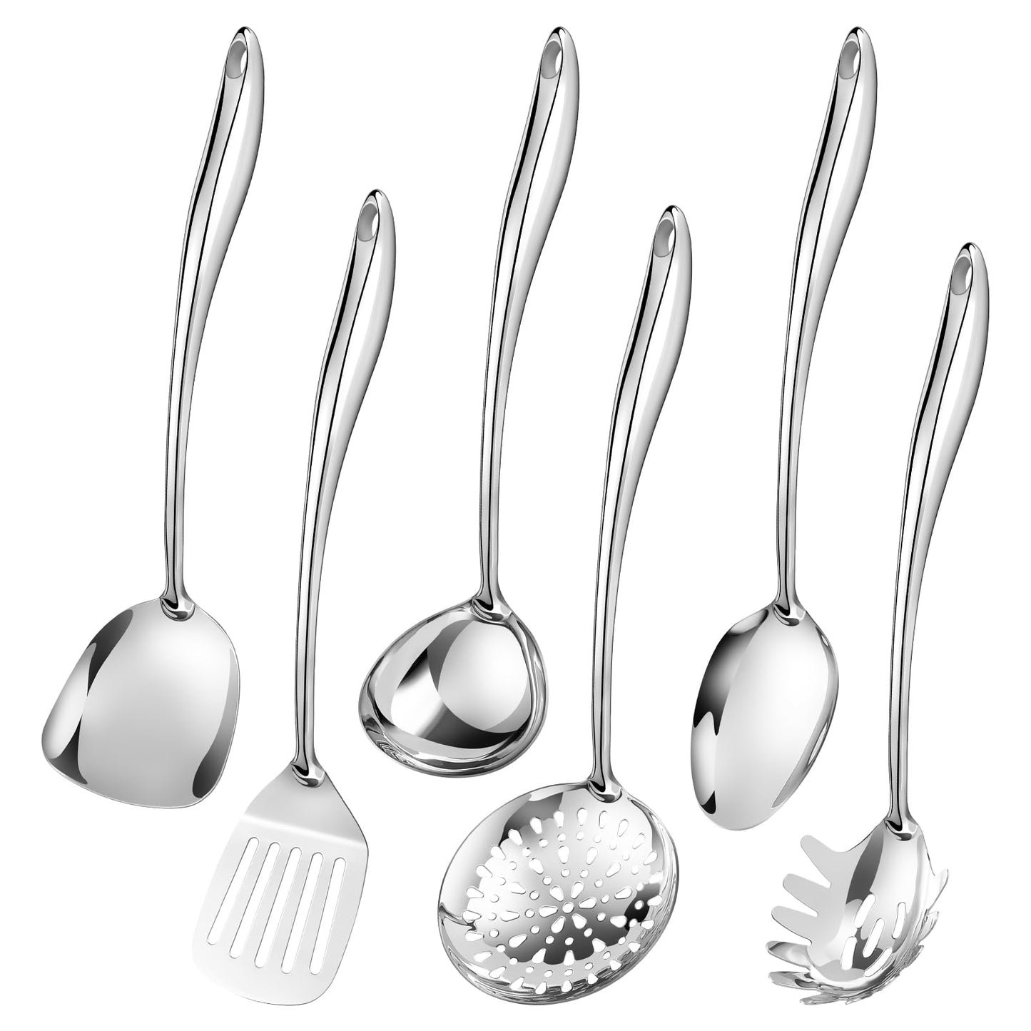 Kitchen Utensil Set, 304 Stainless Steel 6 Pcs Cooking Utensils Set with Spatula, Solid Spoon, Ladle, Skimmer, Spaghetti Spoon,Dishwasher Safe